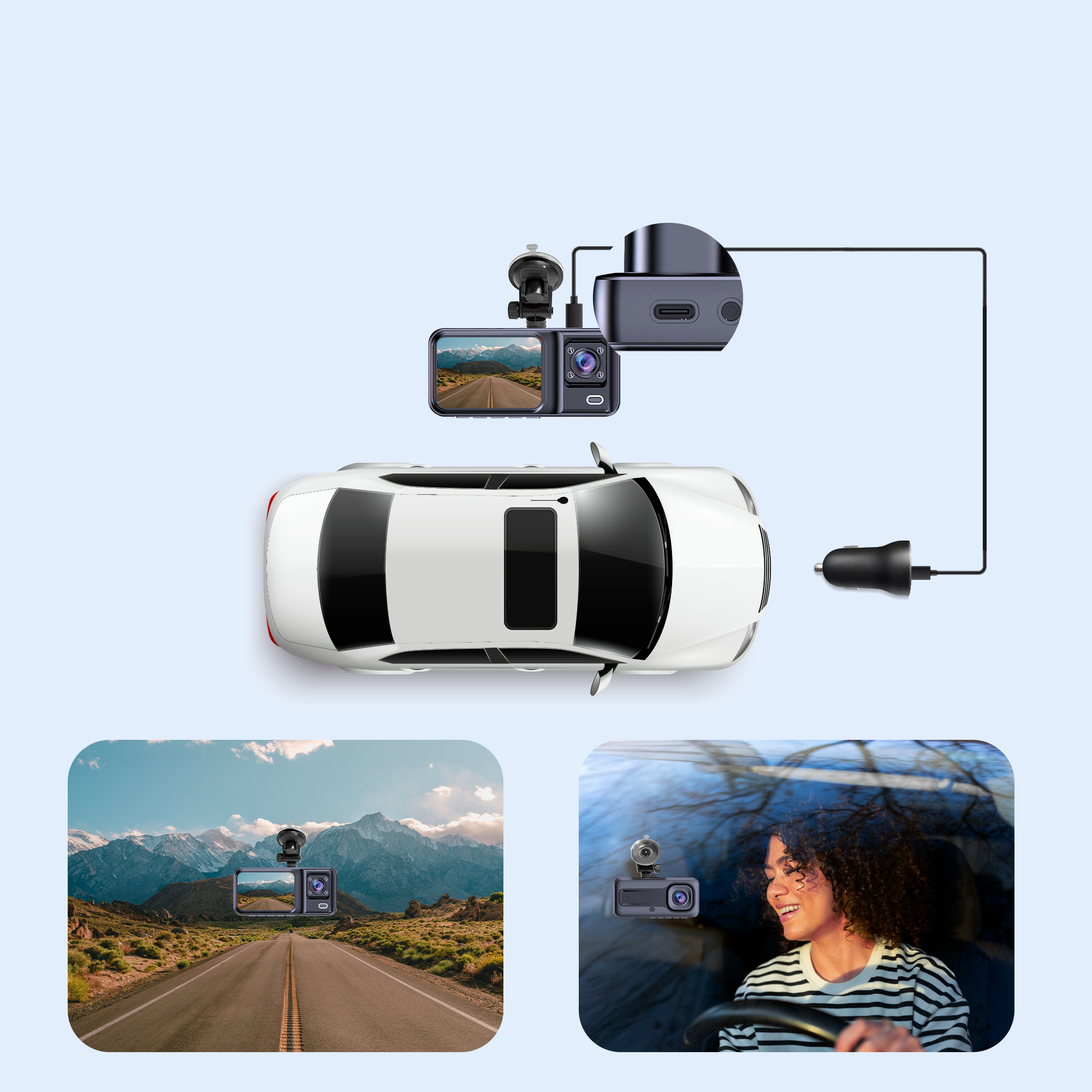 Auto mit Dashcam und zugehörigen Komponenten. Mehrere Ansichten, einschließlich einer Frau am Steuer.