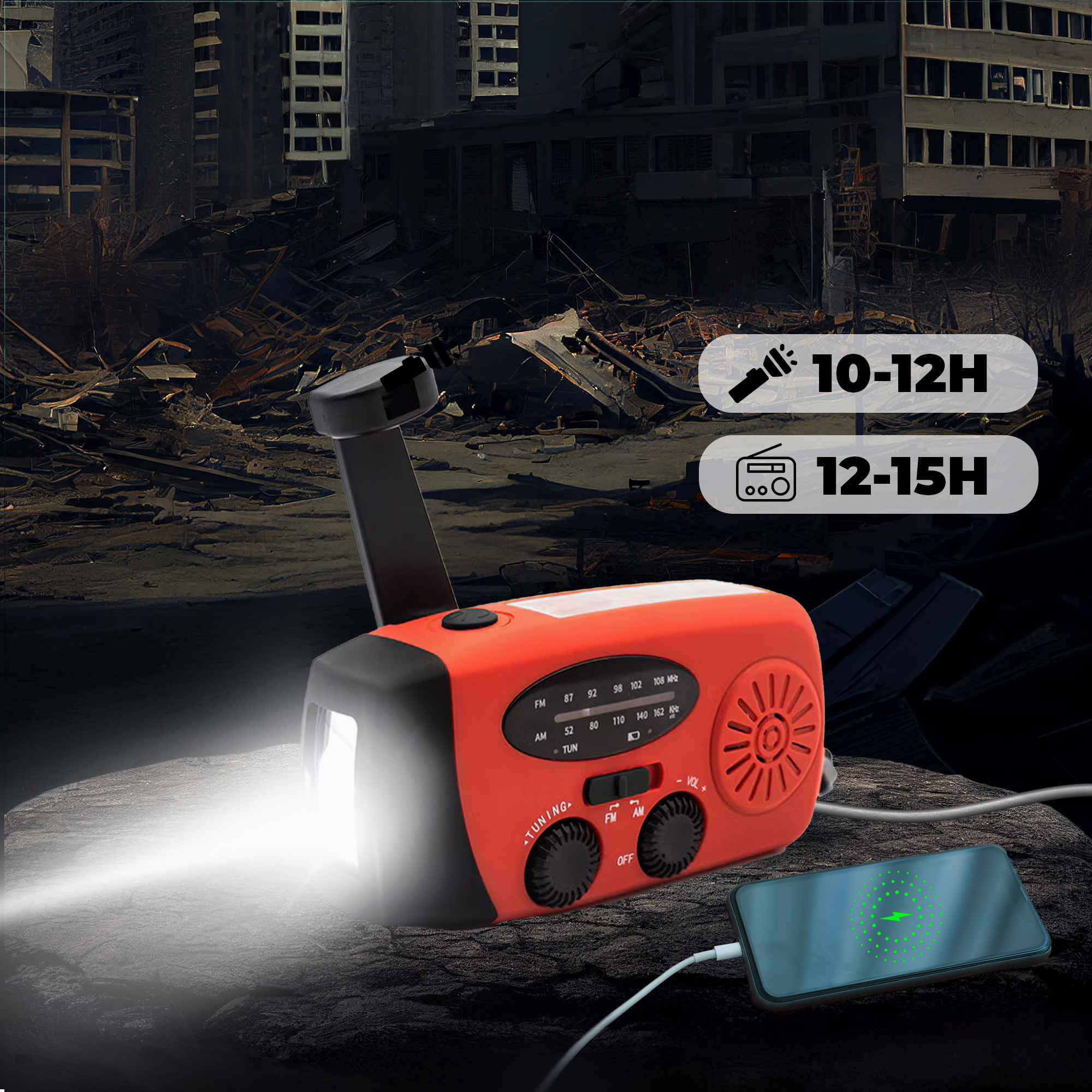 Rode handslinger radio laadt telefoon op. Fel licht, display en tekstlabels.
