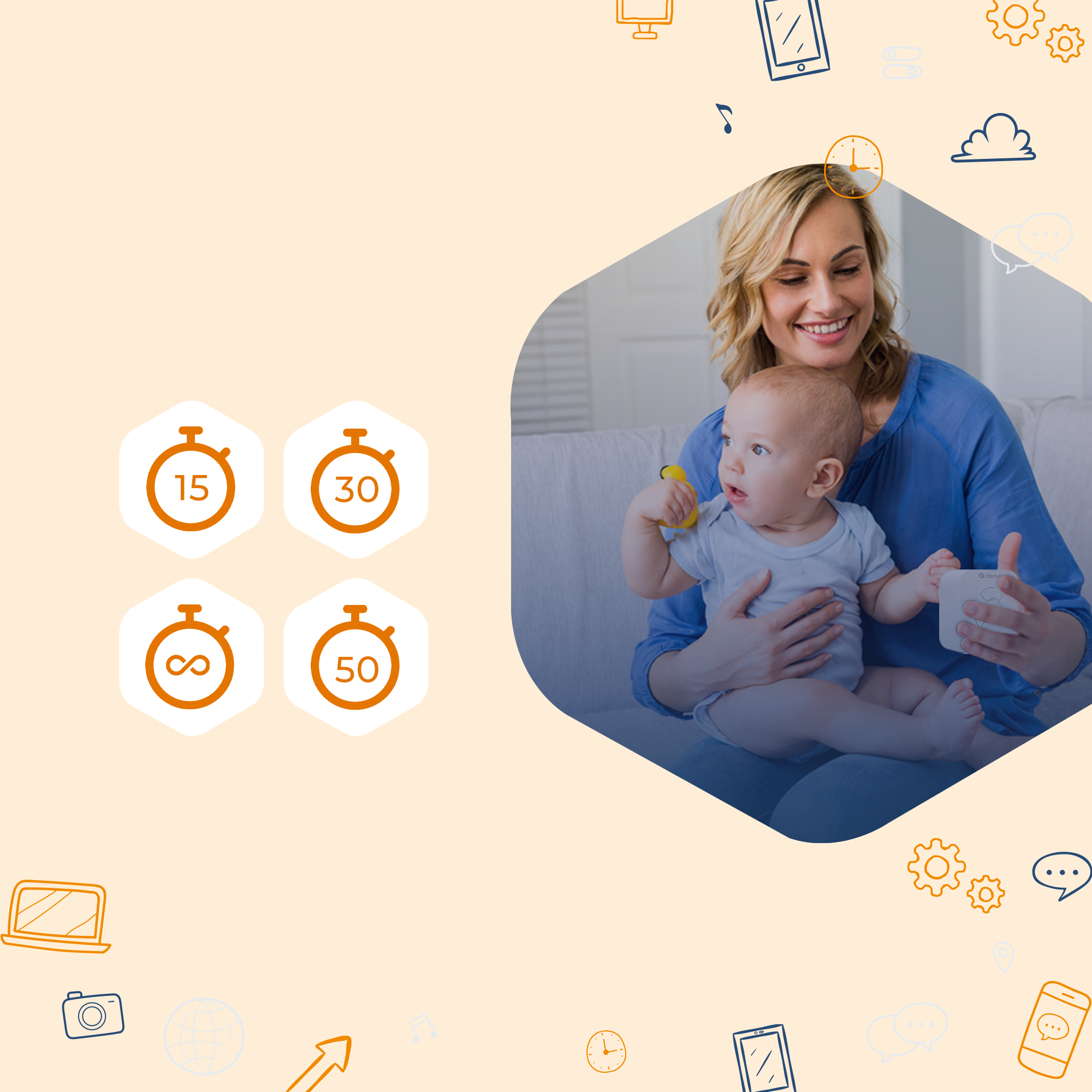 Donna che tiene in braccio un bambino, timer sullo sfondo. Bambino con giocattolo. Icone tech.