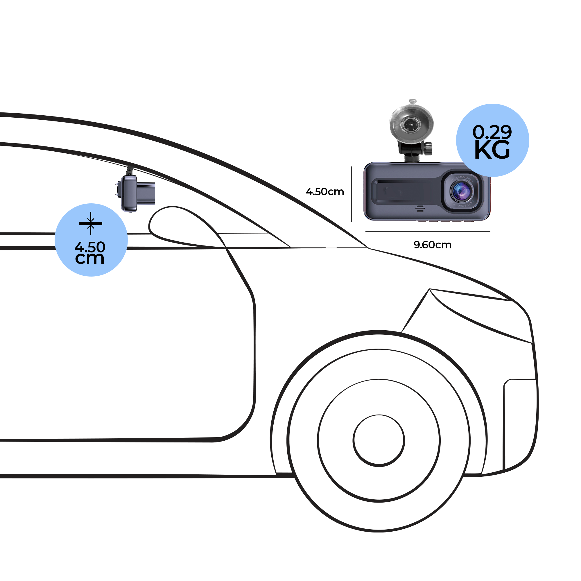 Automatisches Schema mit hervorgehobenen Dashcam-Komponenten. Abmessungen und Gewicht angegeben.