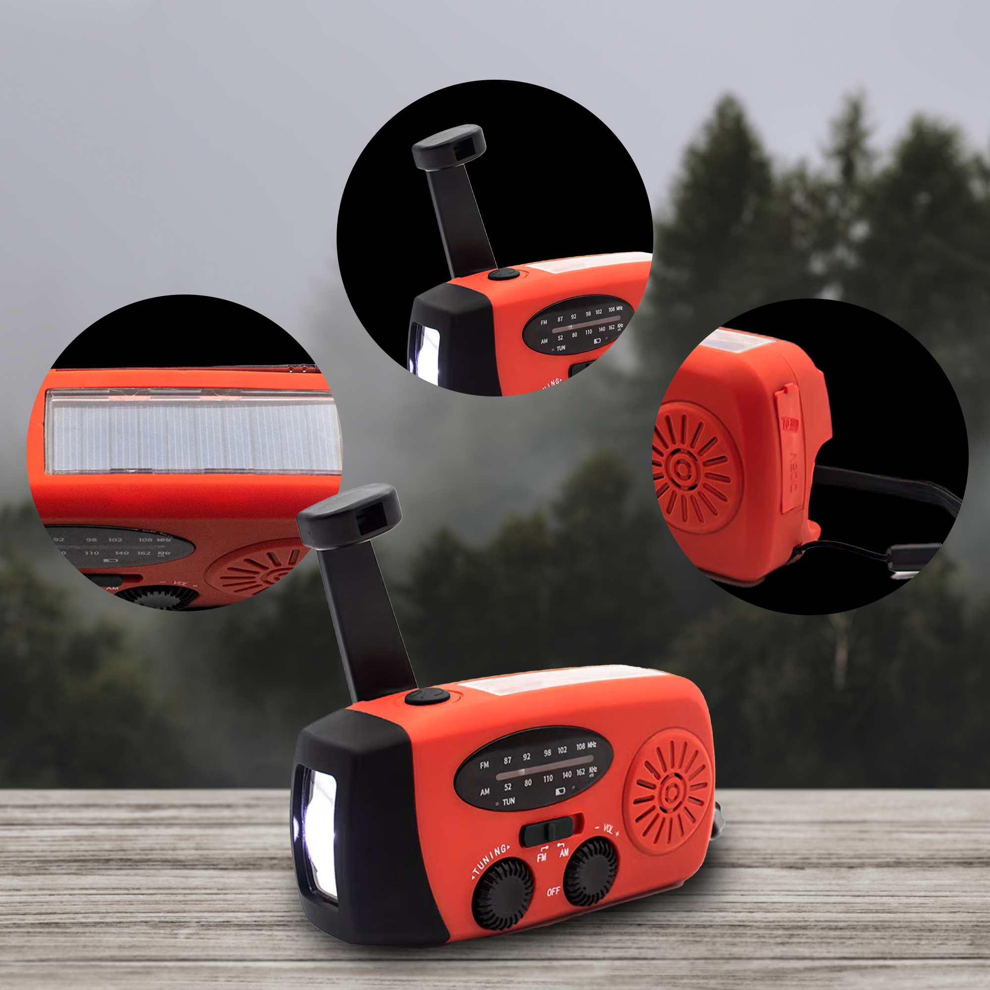 Rode handslinger radio. Drie close-ups: licht, handslinger en luidspreker. Natuur achtergrond.