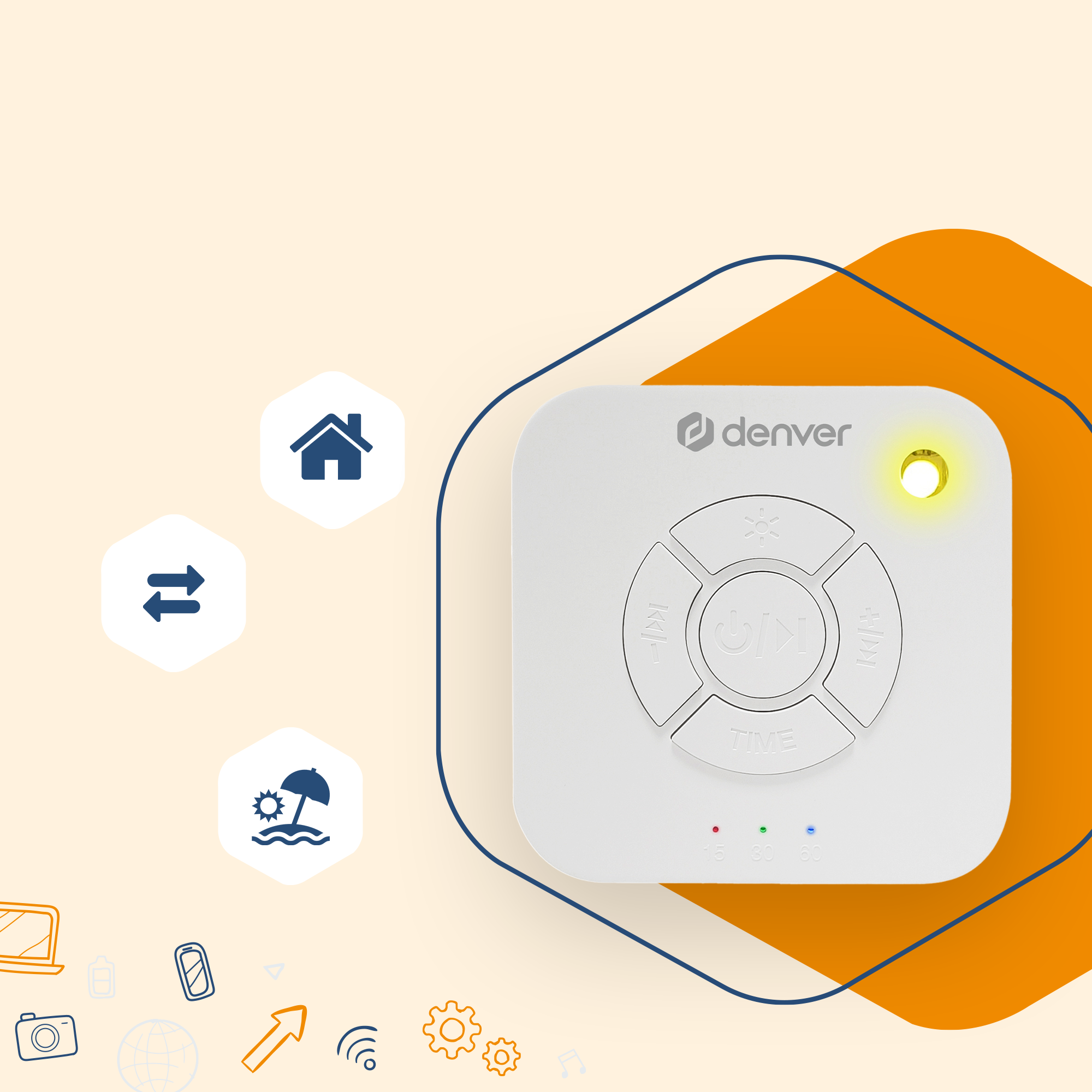 Telecomando bianco con pulsanti. Logo Denver in alto. Icone di casa, scambio, spiaggia nelle vicinanze.
