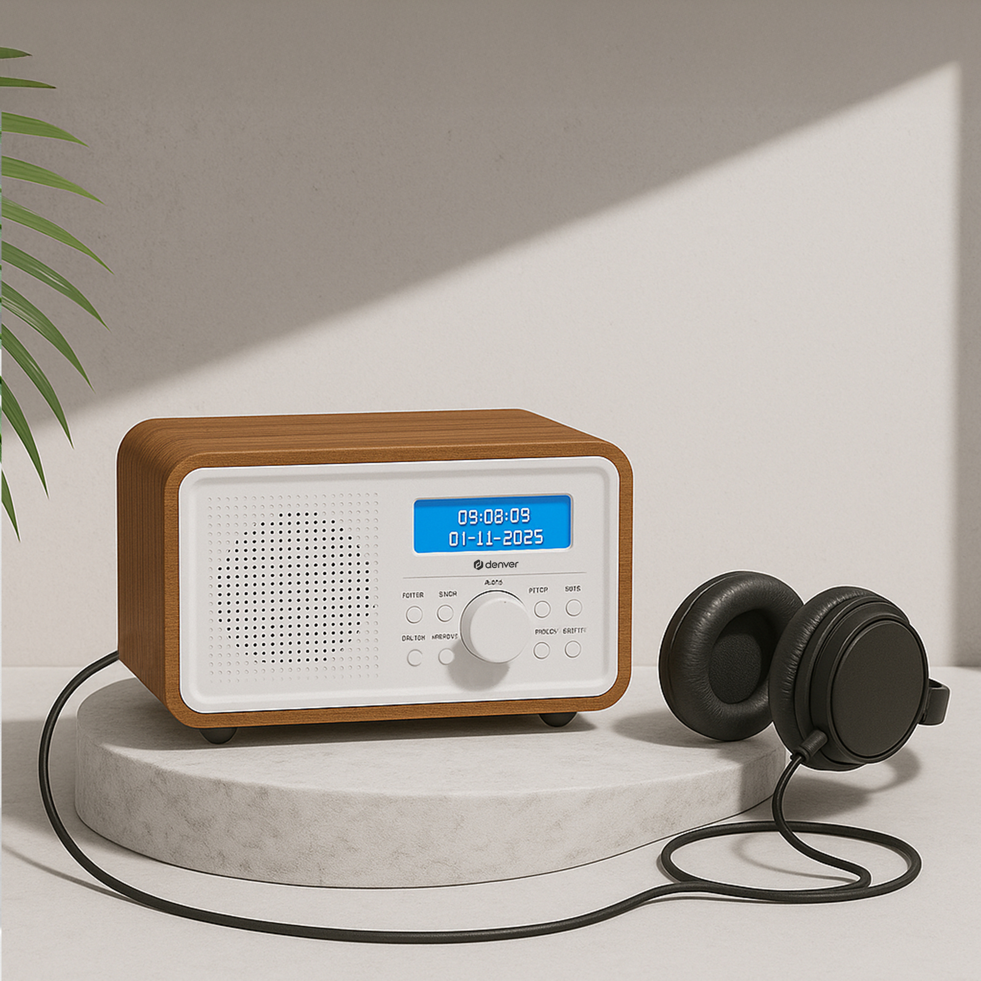 Radio mit schwarzen Kopfhörern. Holzradio mit blauem Display. Weißer Hintergrund.