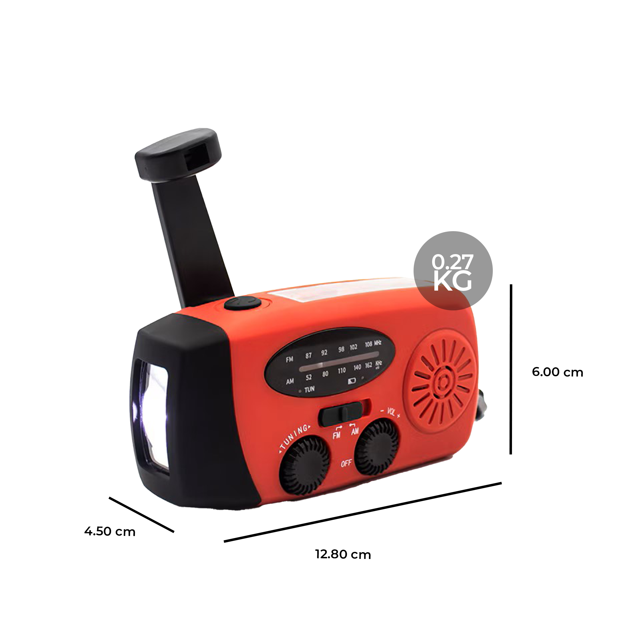 Rode en zwarte handslinger radio met afmetingen, gewicht. Licht aan, afstemschijf en knoppen.