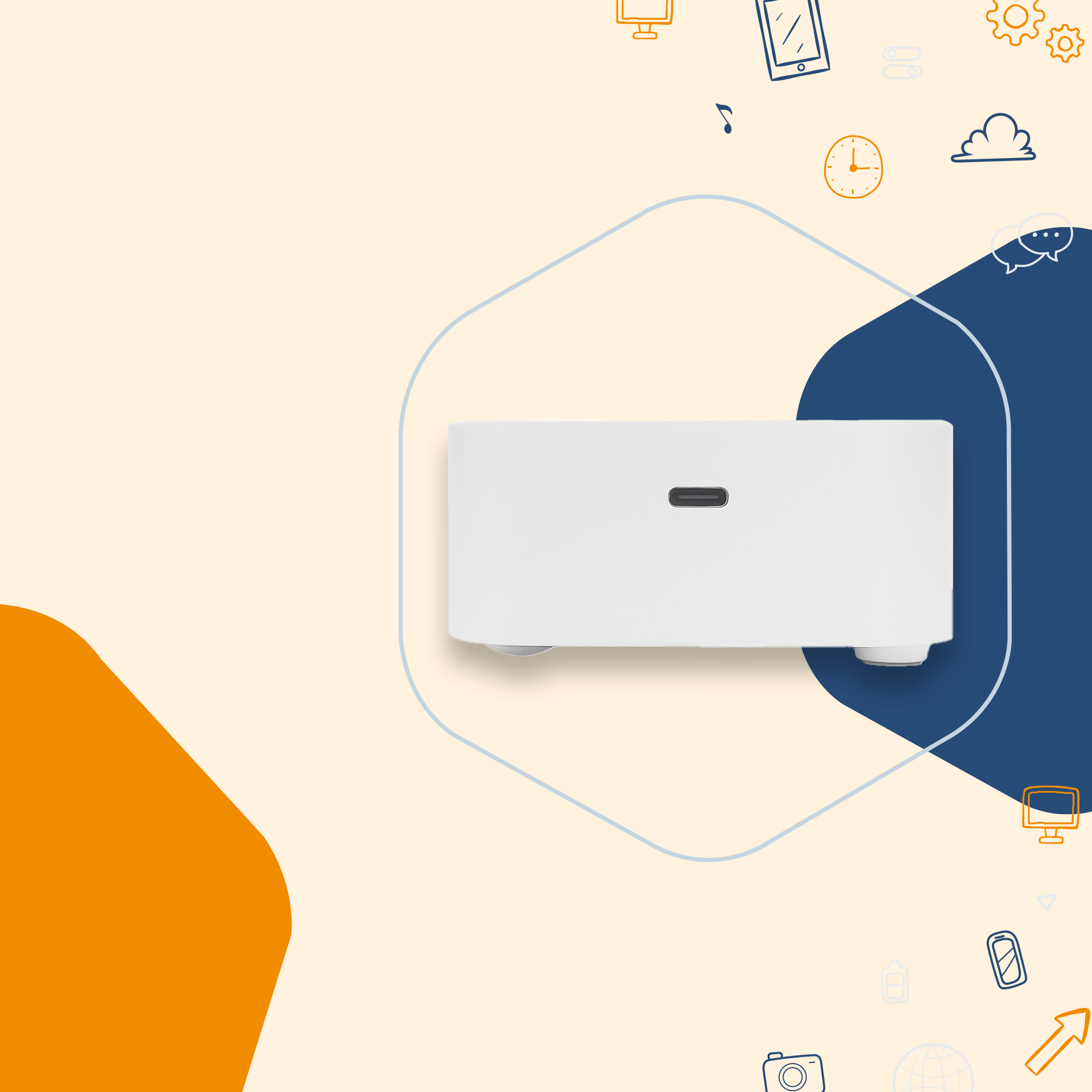 Scatola bianca con porta USB-C. Sfondo chiaro. Icone a tema tech sullo sfondo.