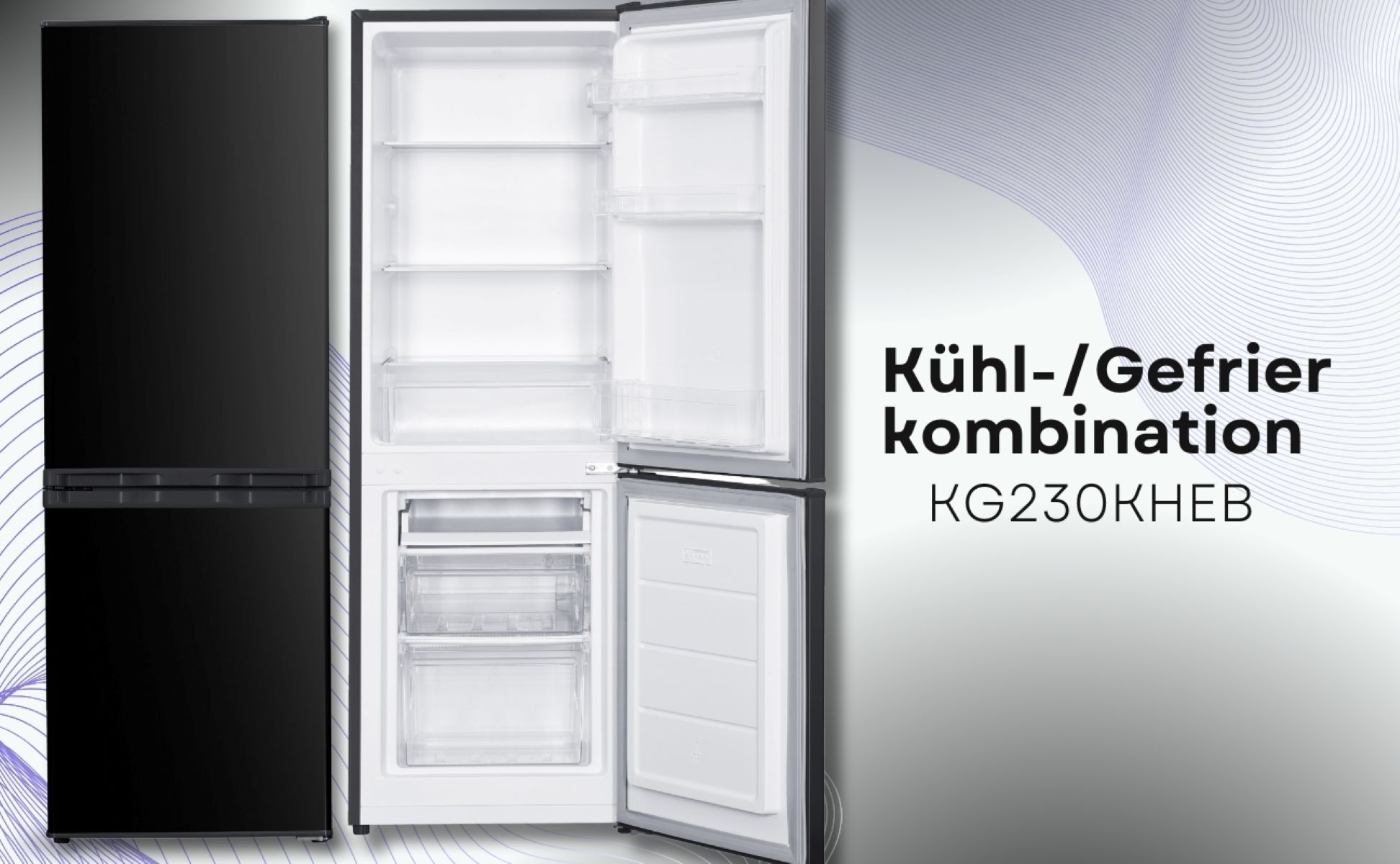 Ein schwarzer Kühlschrank mit schwarzer Tür und einer offenen weißen Tür, die das Innere zeigt.