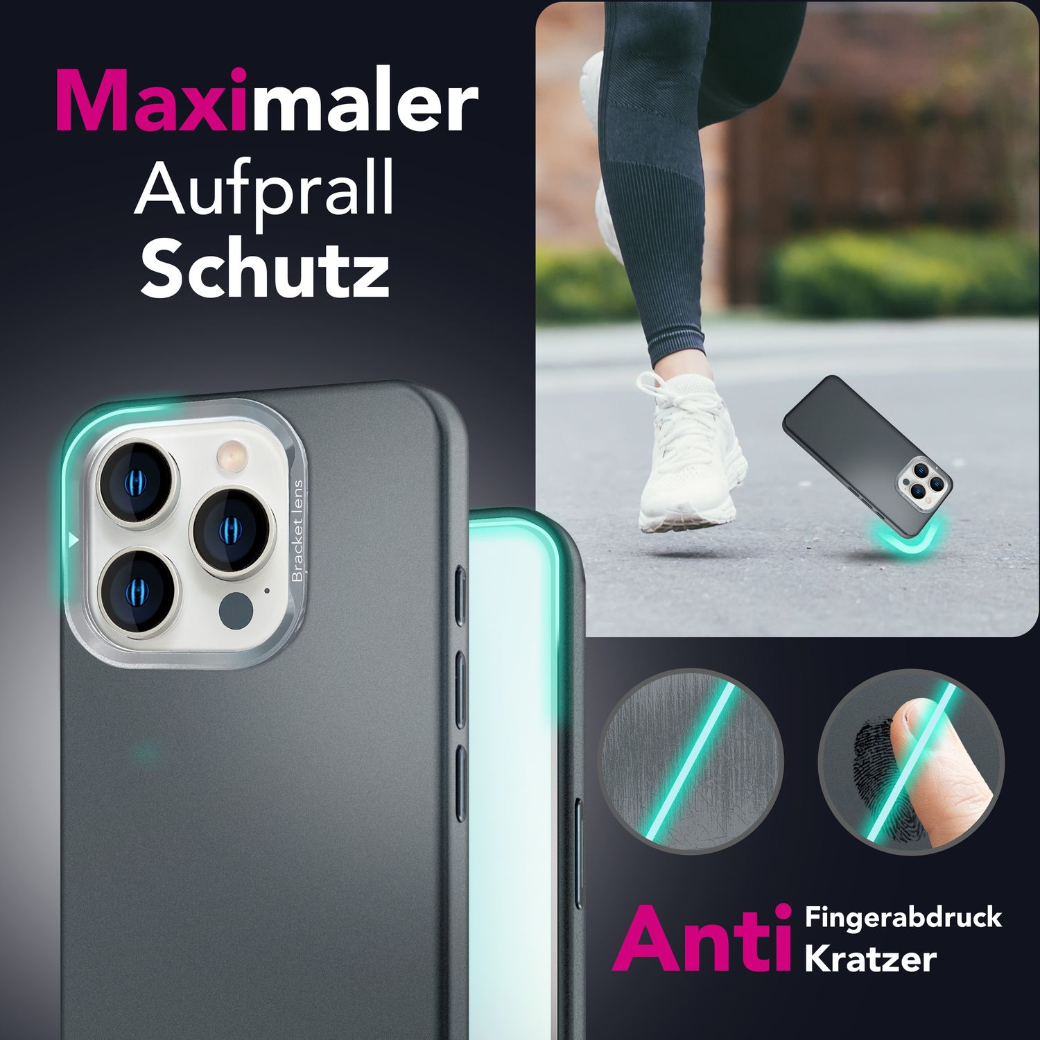 Handyhülle mit Text: 'Maximaler Aufprall Schutz'. Eine Person rennt im Hintergrund. Anti-Fingerabdruck und Kratzer.