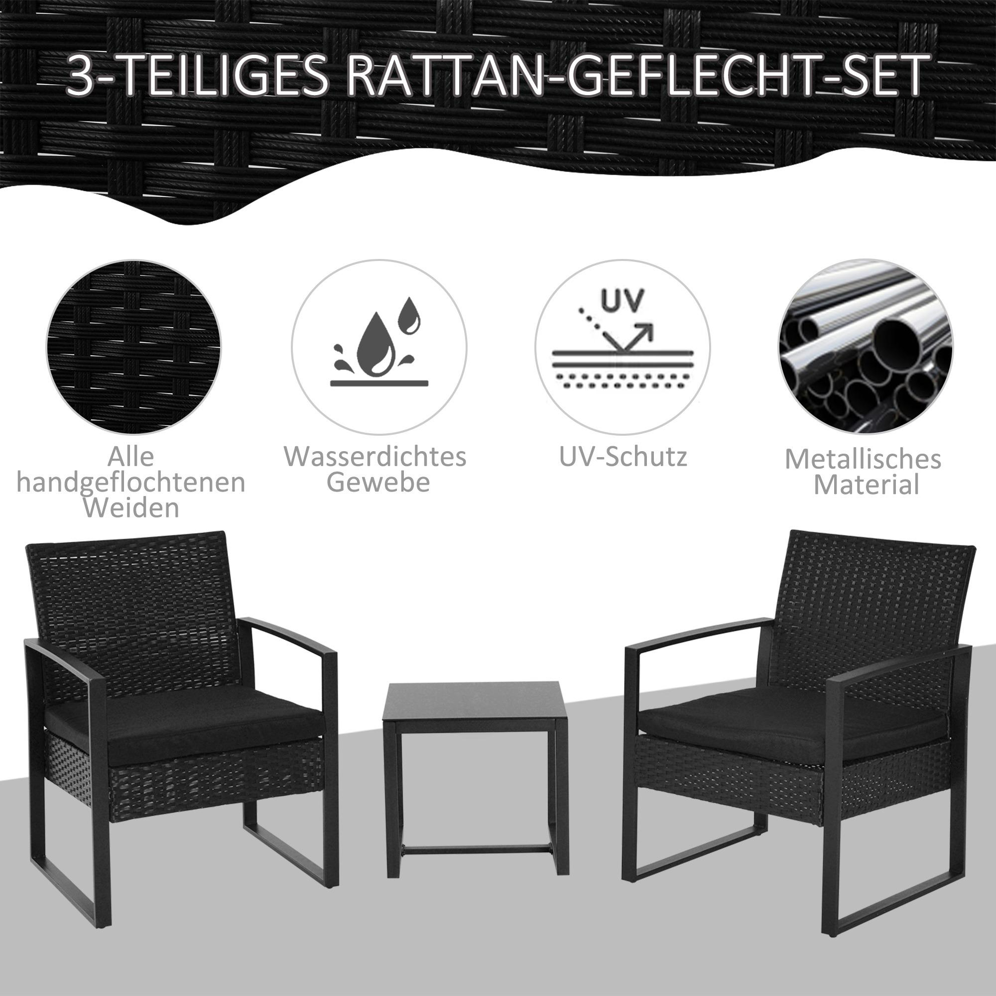Dreiteiliges Rattan-Möbelset. Zwei Stühle mit Kissen und ein Tisch. Text: '3-teiliges Rattan-Geflecht-Set'.