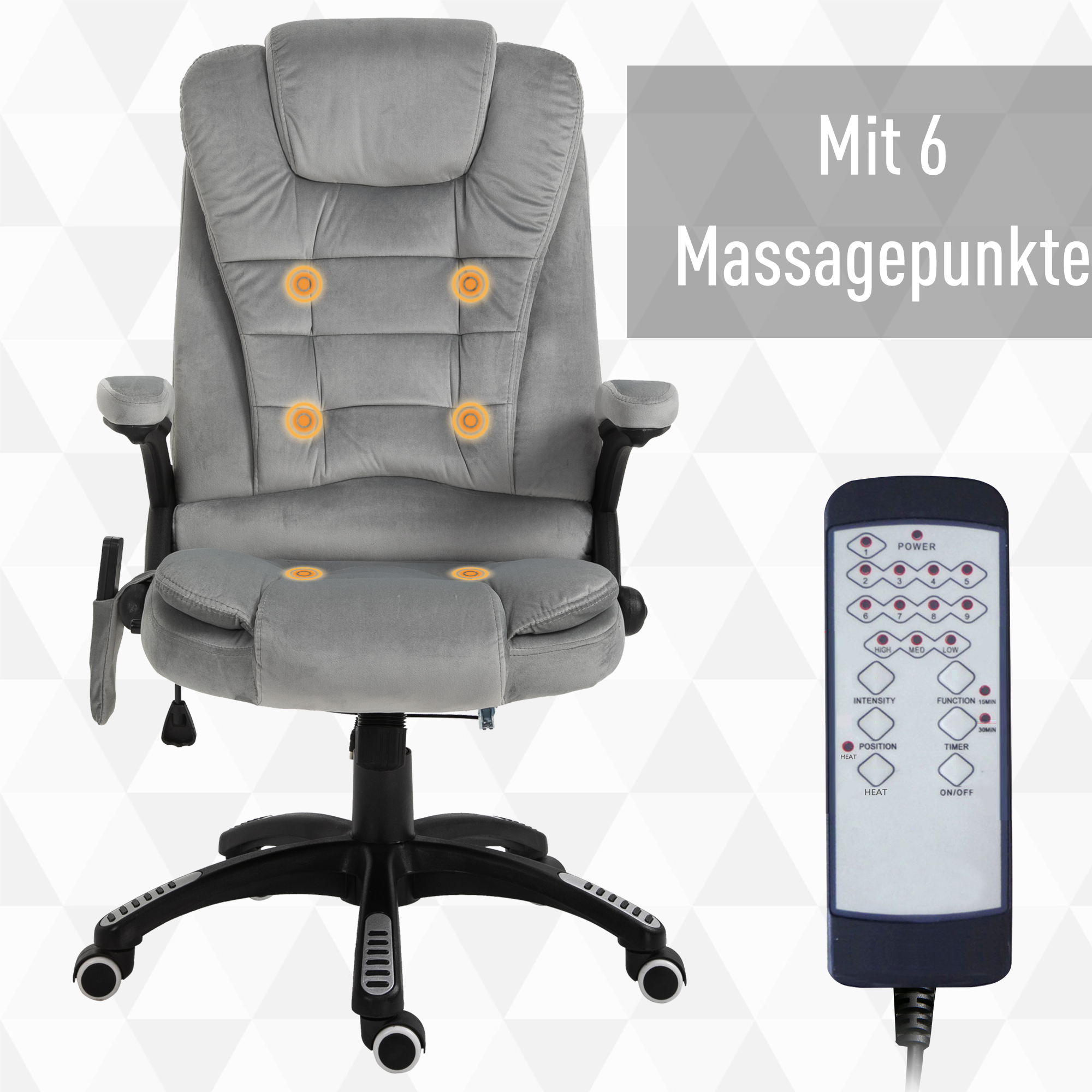 Grauer Massagesessel mit Fernbedienung. Der Stuhl hat sechs Massagepunkte.