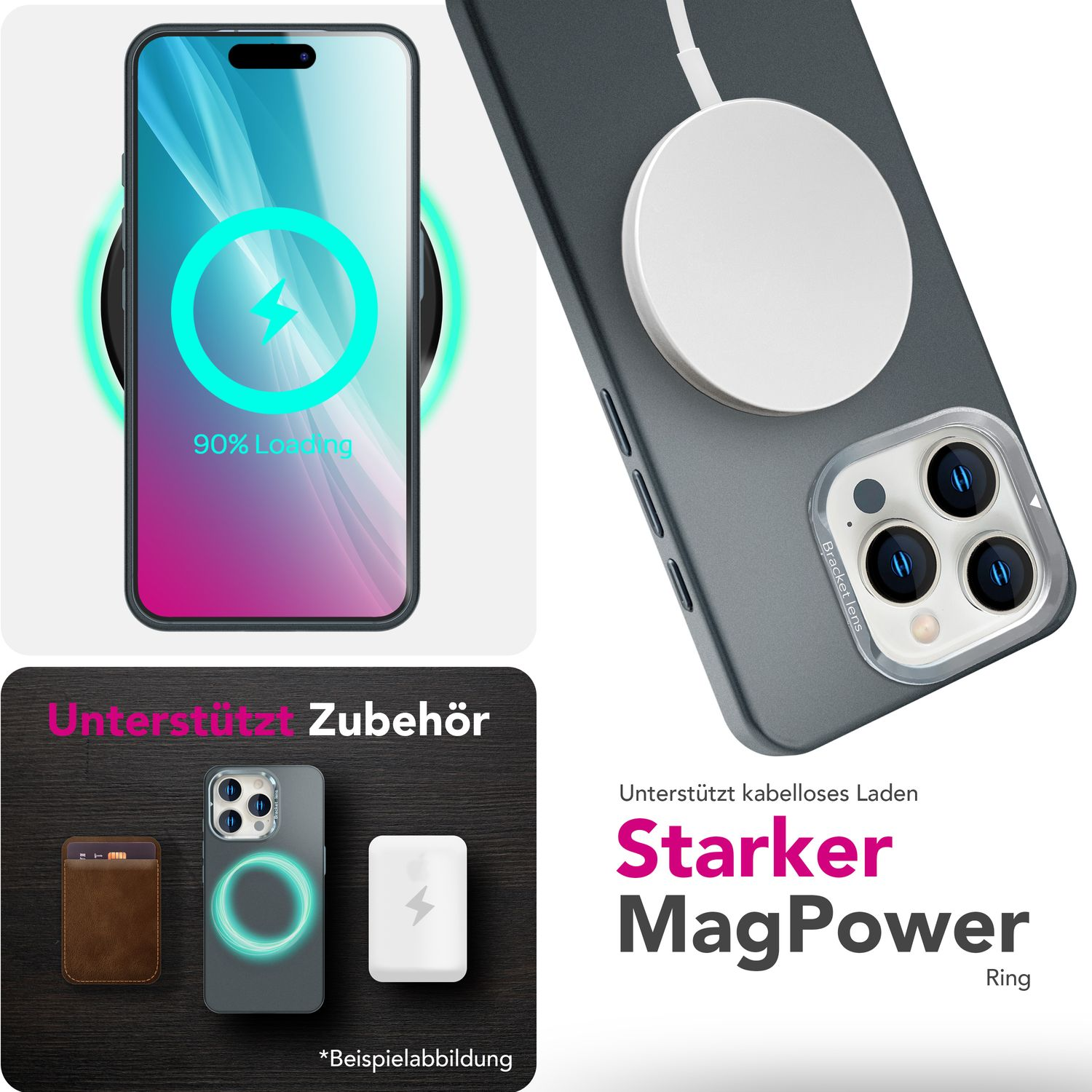 Telefon, der drahtlos auf einem Ladepad mit MagPower Ring und einer Geldbörse geladen wird.