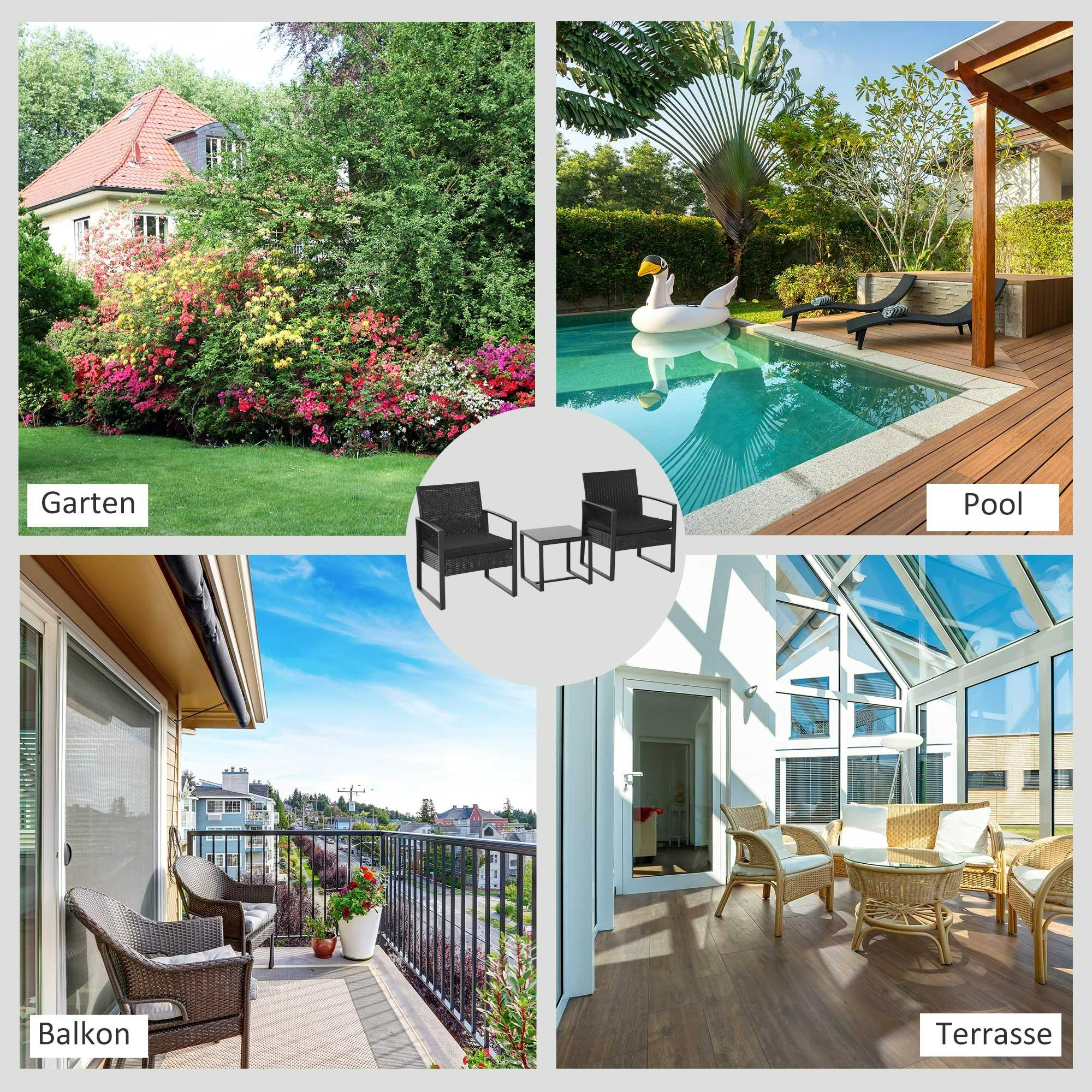 Eine Collage von Außenszenen mit Garten, Pool, Balkon und Terrasse, jeweils mit Möbeln.
