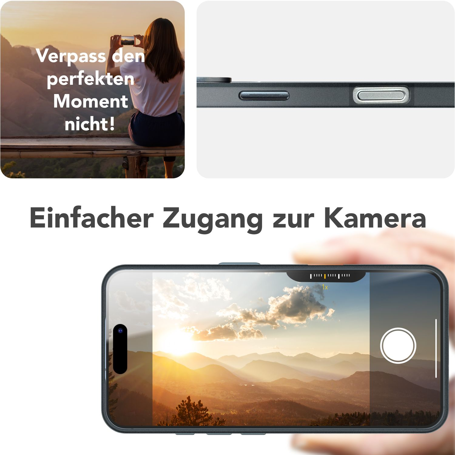 Person macht Foto von Landschaft mit Telefon, zeigt Kamerazugang.