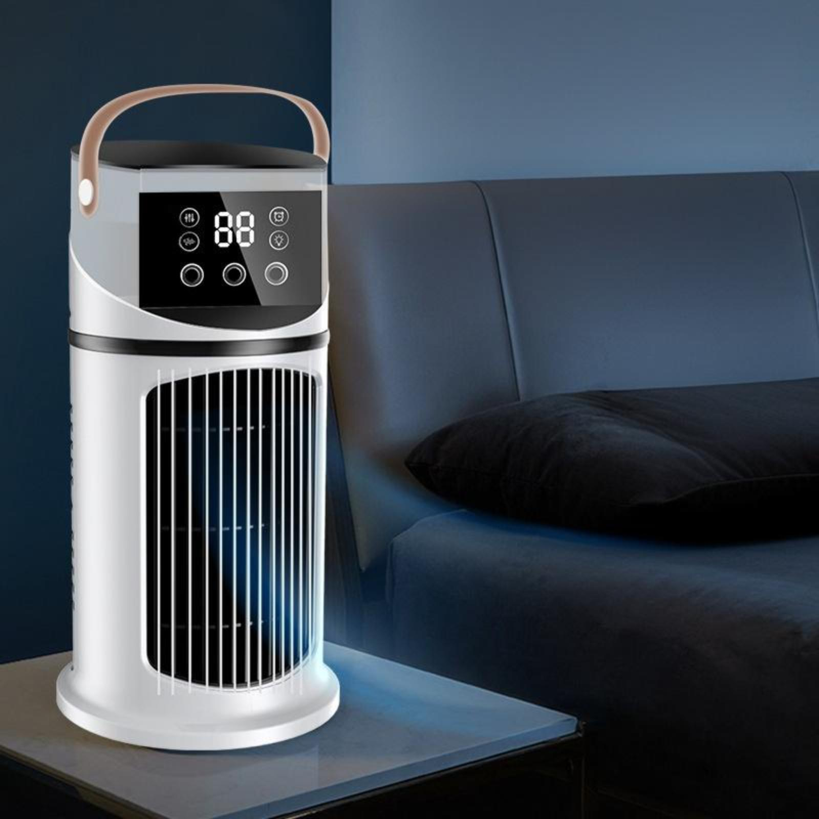 Weißer und grauer Turmventilator auf einem Tisch, neben einem Bett. Der Ventilator zeigt '88'.