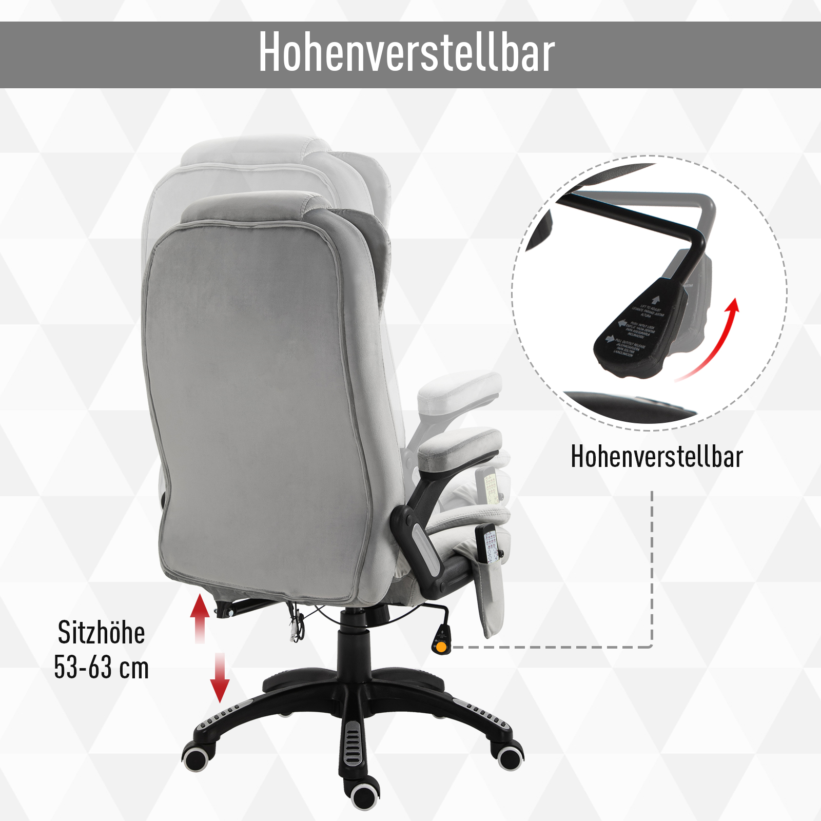 Grauer Bürostuhl mit verstellbarer Höhe und Rückenlehne. Pfeile zeigen die Höhenverstellung an.