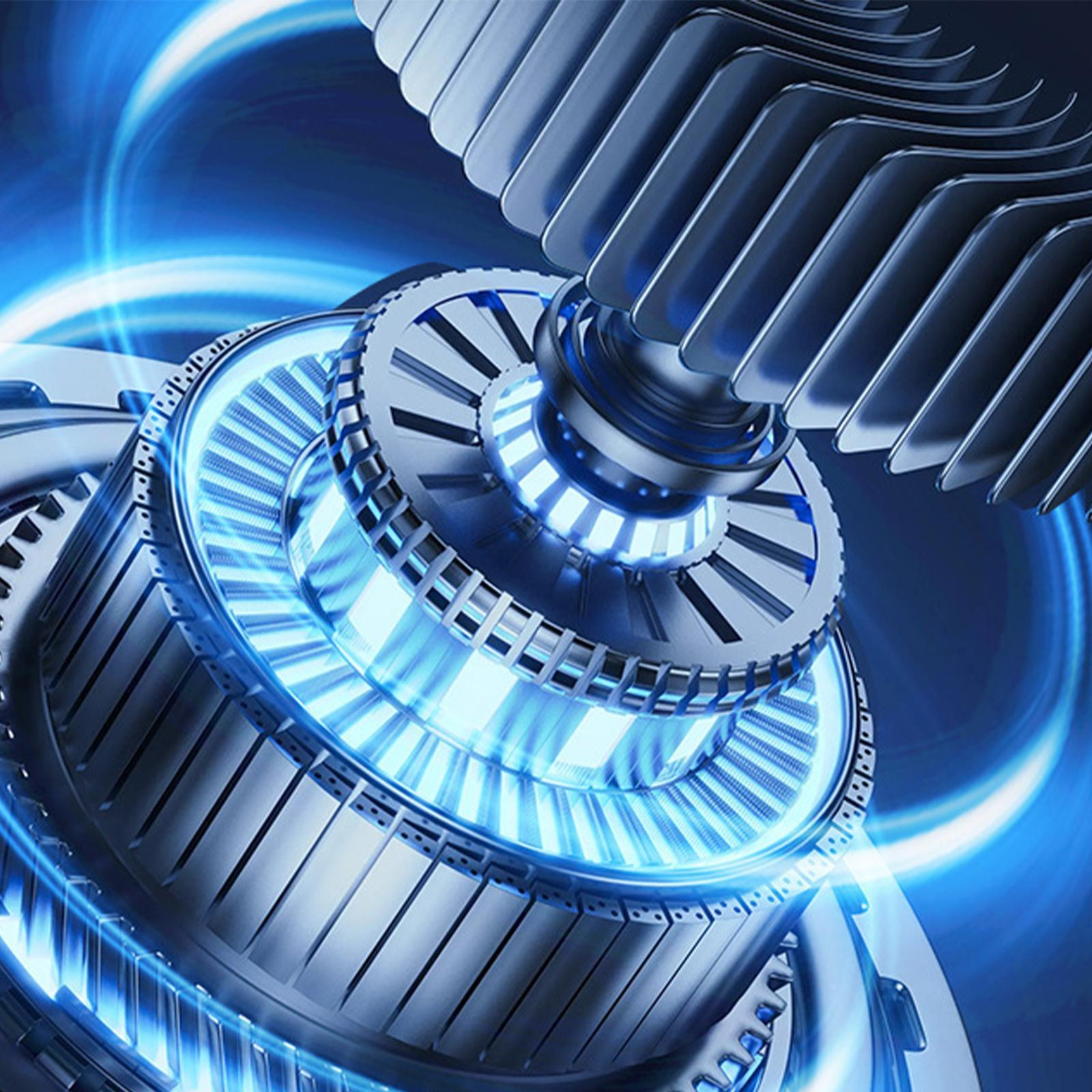 Nahaufnahme eines Elektromotors mit blauen Lichteffekten. Der Motor hat Zahnräder und Metallteile.