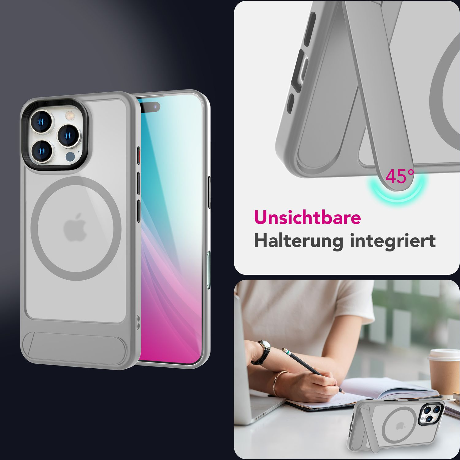 Una custodia grigia per iPhone con anello magnetico, con il telefono dentro e fuori. Una donna scrive sullo sfondo.
