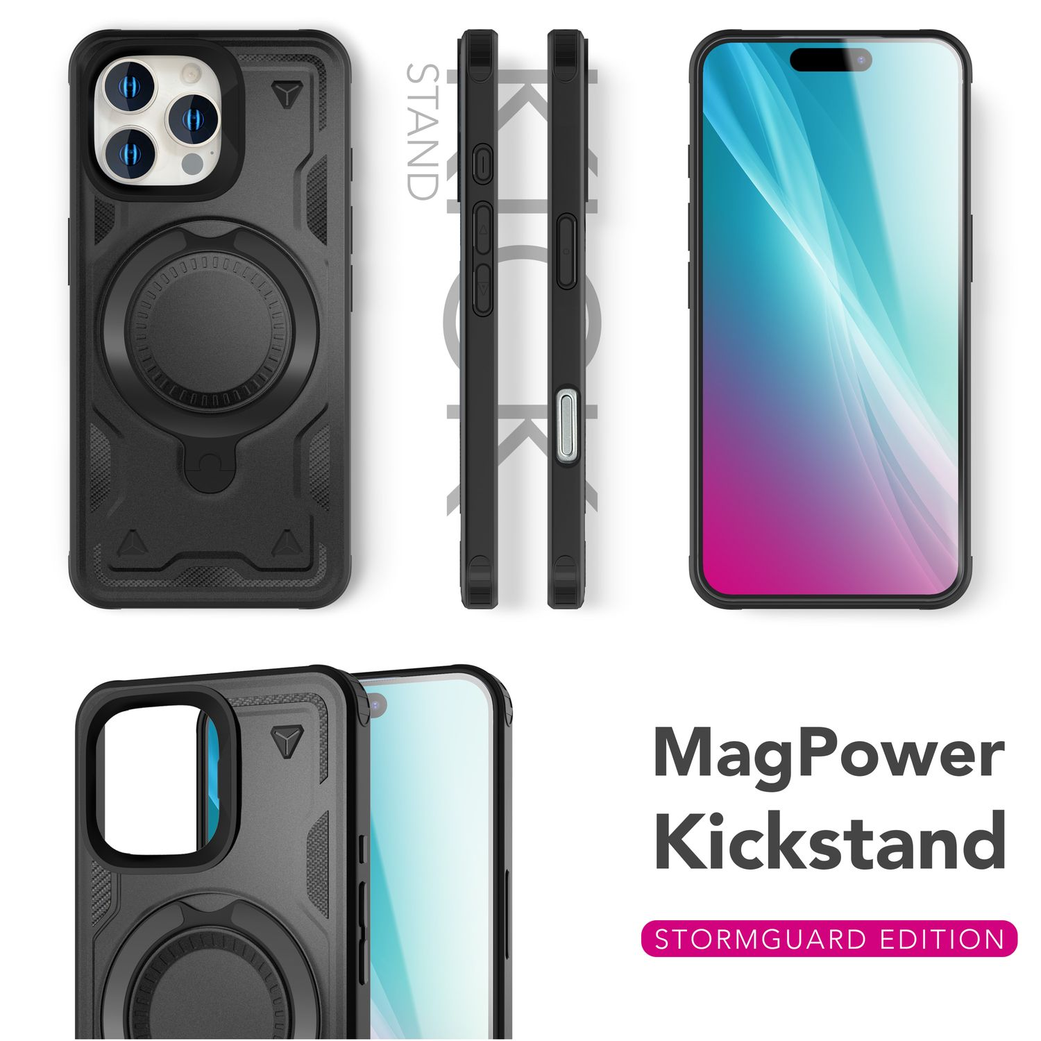 Schwarze Handyhülle mit Ständer, mehrere Ansichten. Das Telefon ist schwarz und hat einen MagPower-Ständer.