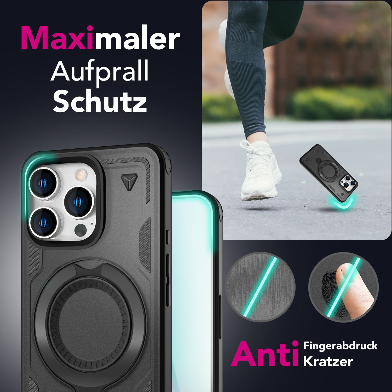 Schwarze Handyhülle, mit Telefon, Aufprallschutz und Anti-Kratzer.