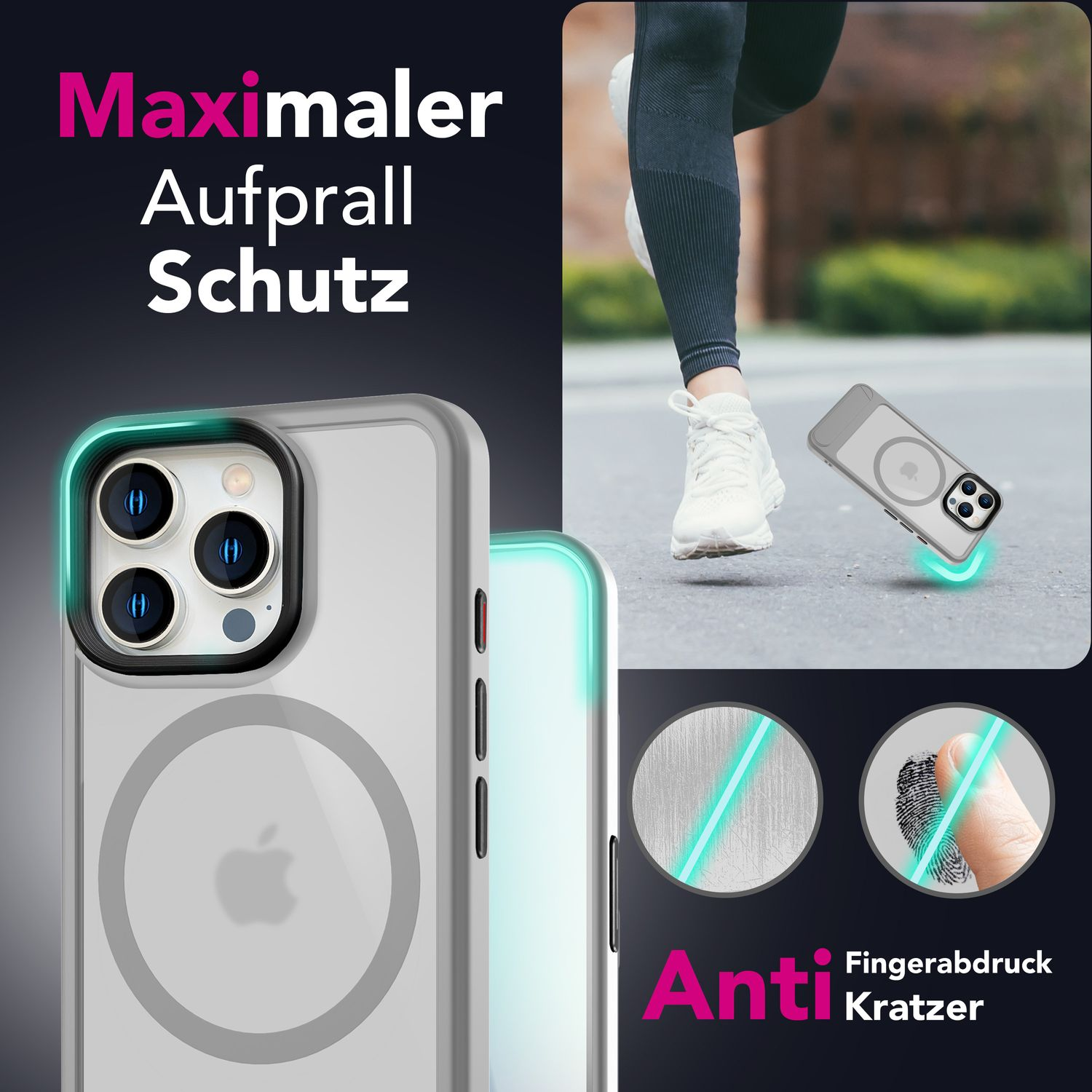 Una custodia per telefono con un anello magnetico. Il telefono è su una superficie con sfondo sfocato.