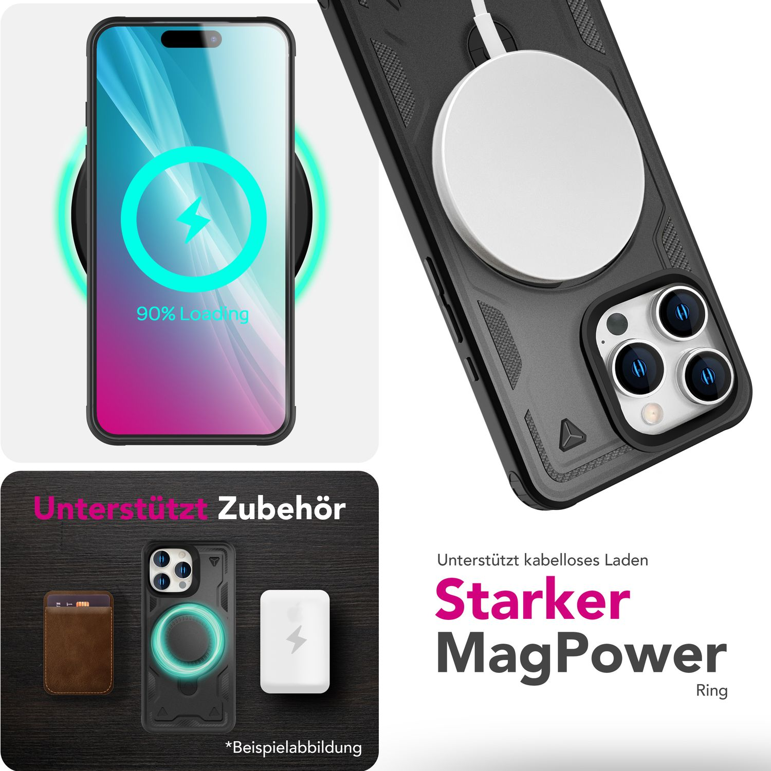 Schwarze Handyhülle mit MagPower-Ring und kabellosem Laden. Telefon lädt zu 90%.
