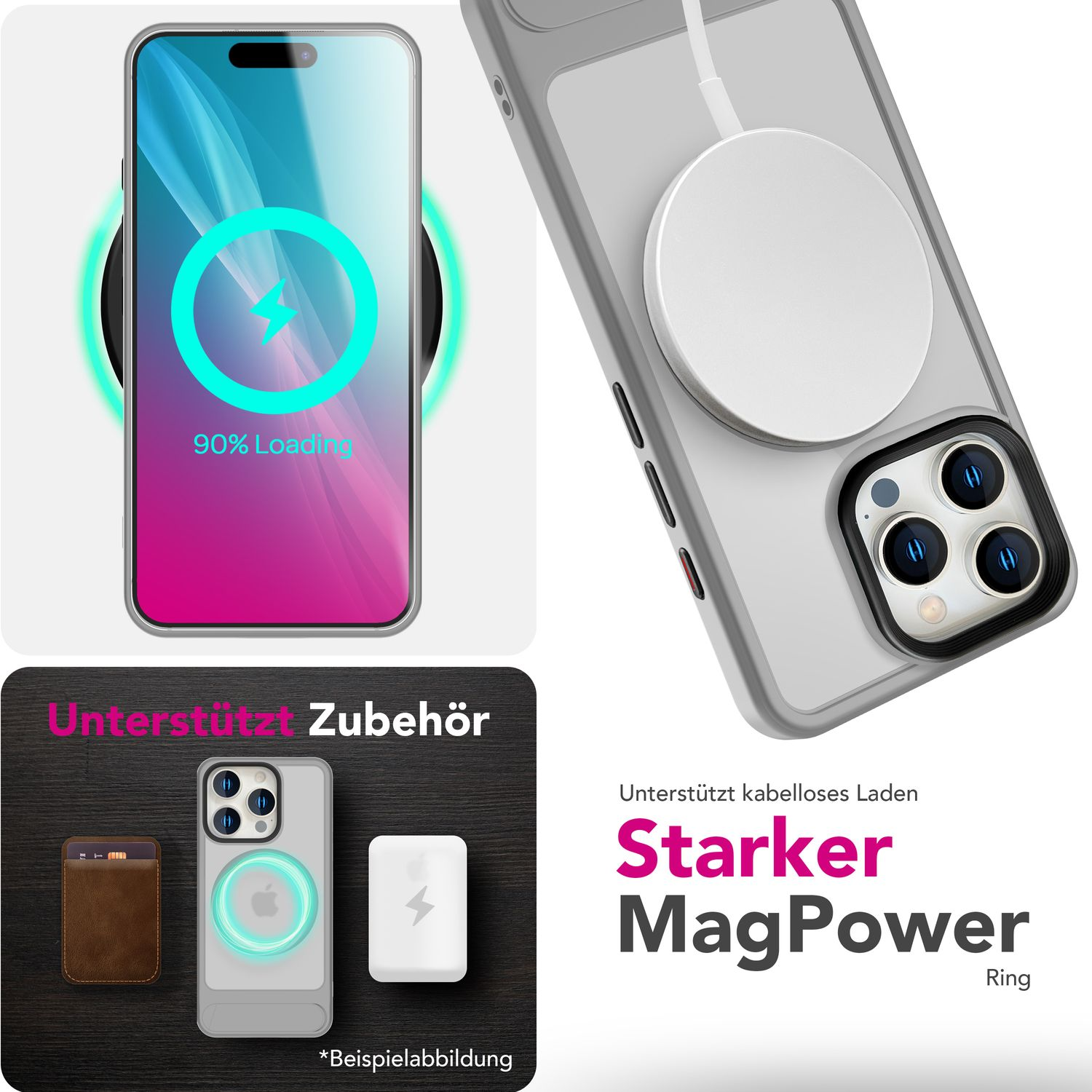 Telefono in carica con caricatore wireless e accessori.
