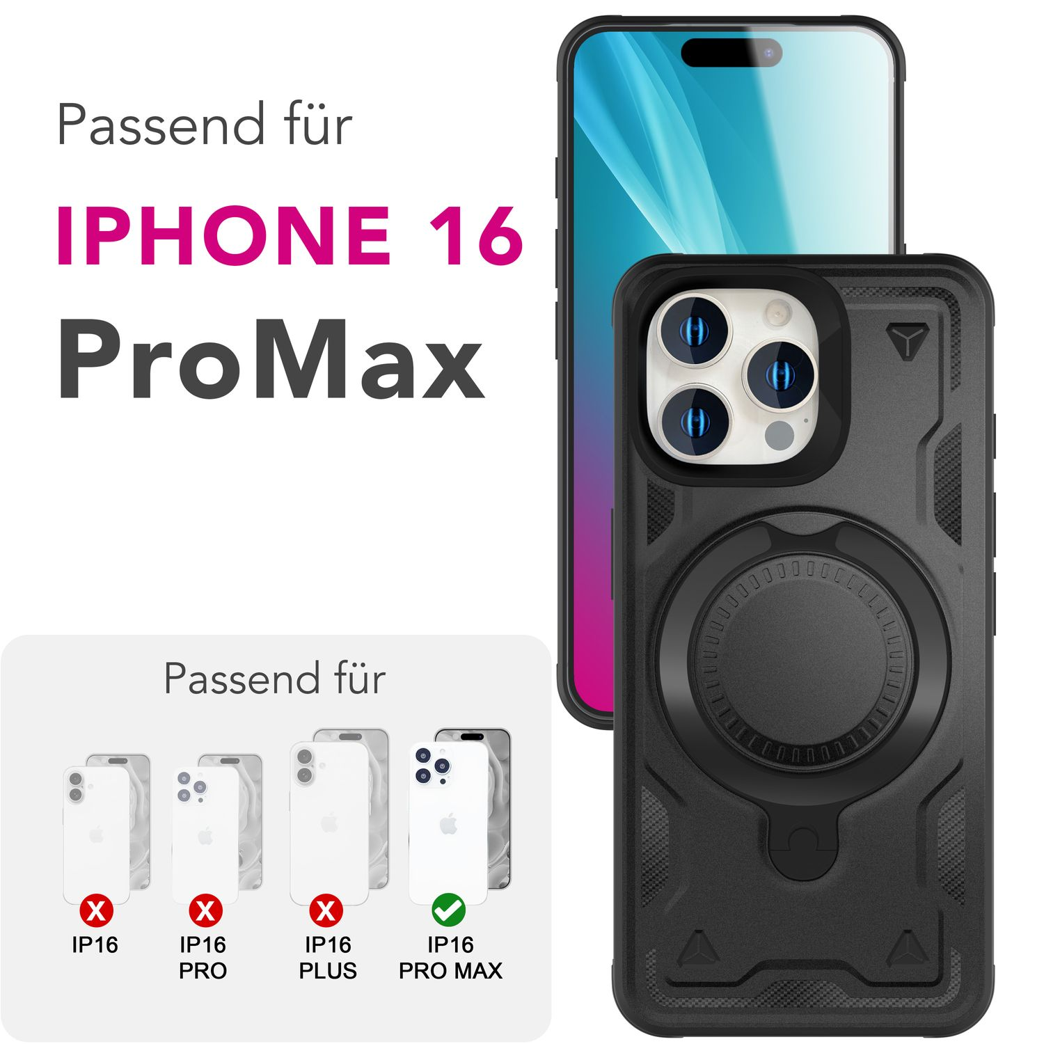 Schwarze Handyhülle mit MagPower-Ring. Kompatibel mit iPhone 16 Pro Max.