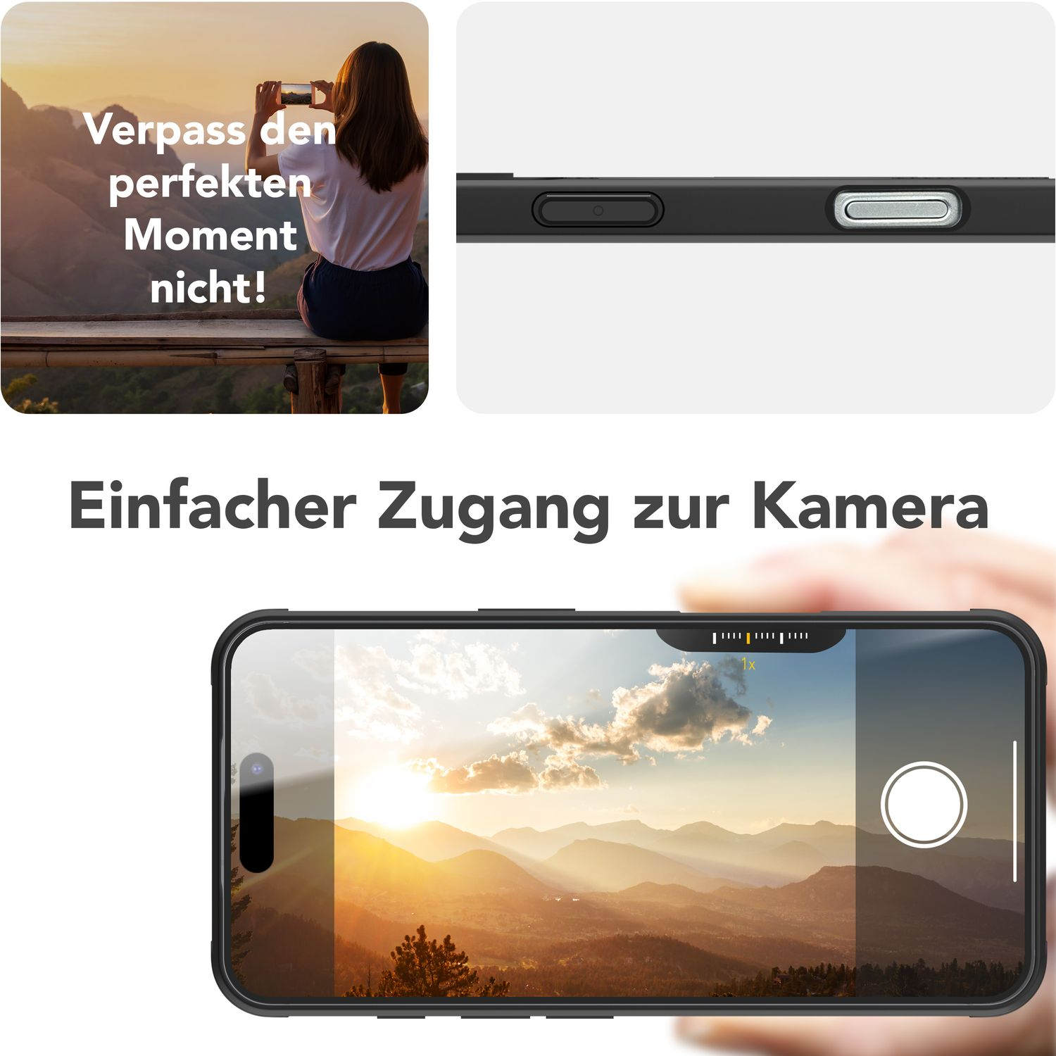Frau fotografiert mit Telefon, Kamerazugang und Hüllendetails.