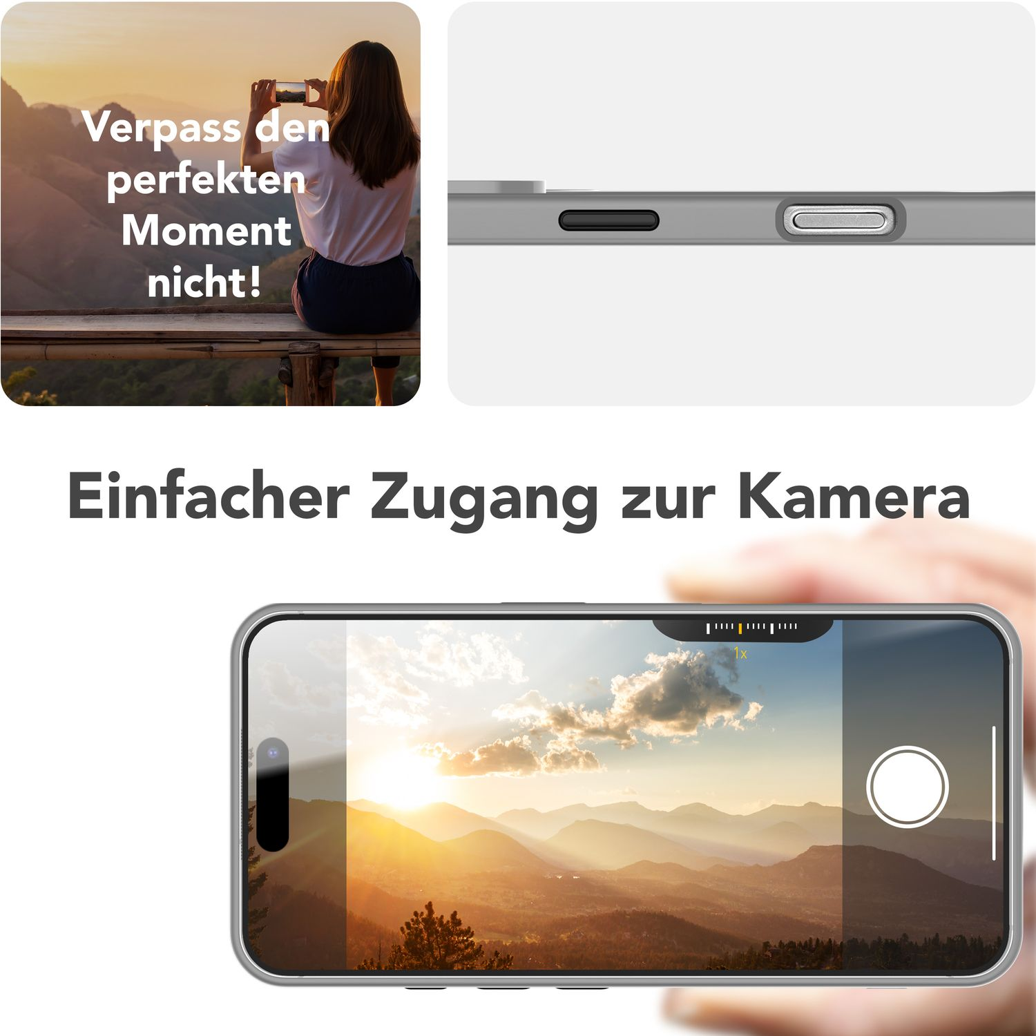 Una custodia per telefono con un'immagine di un paesaggio, un telefono e del testo.