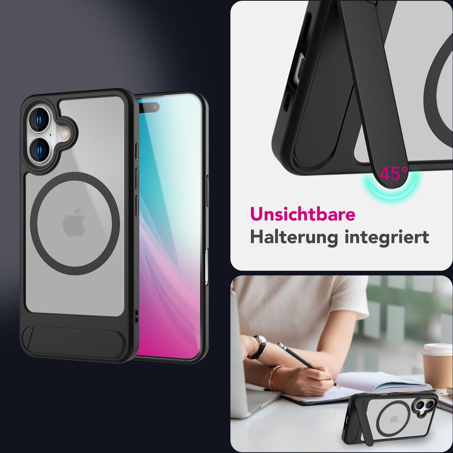 Handyhülle mit Apple-Logo und sichtbarem Ständer, schwarz und transparent auf dunklem Hintergrund.