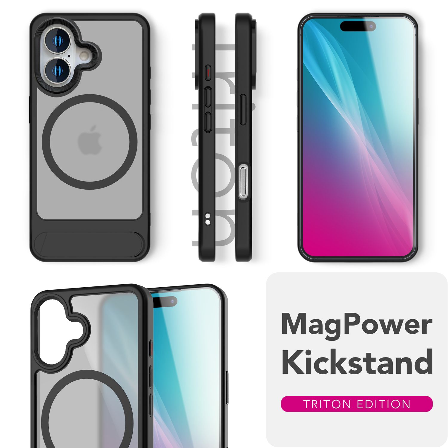 Handyhülle, verschiedene Ansichten und MagPower Kickstand.