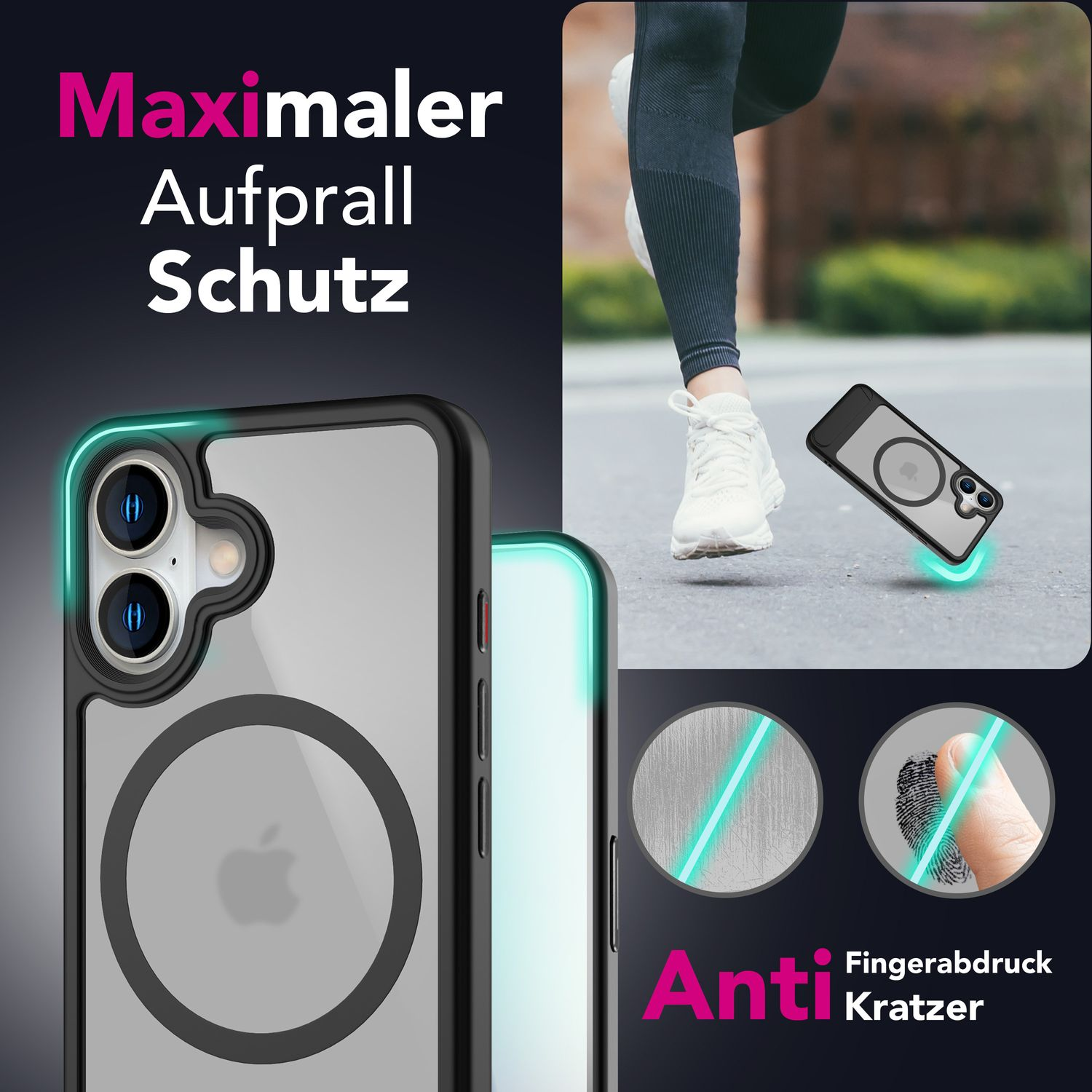 Handyhülle mit durchsichtigem Rücken, schwarzem Rahmen und Text: 'Maximaler Aufprall Schutz' und 'Anti Fingerabdruck Kratzer'.