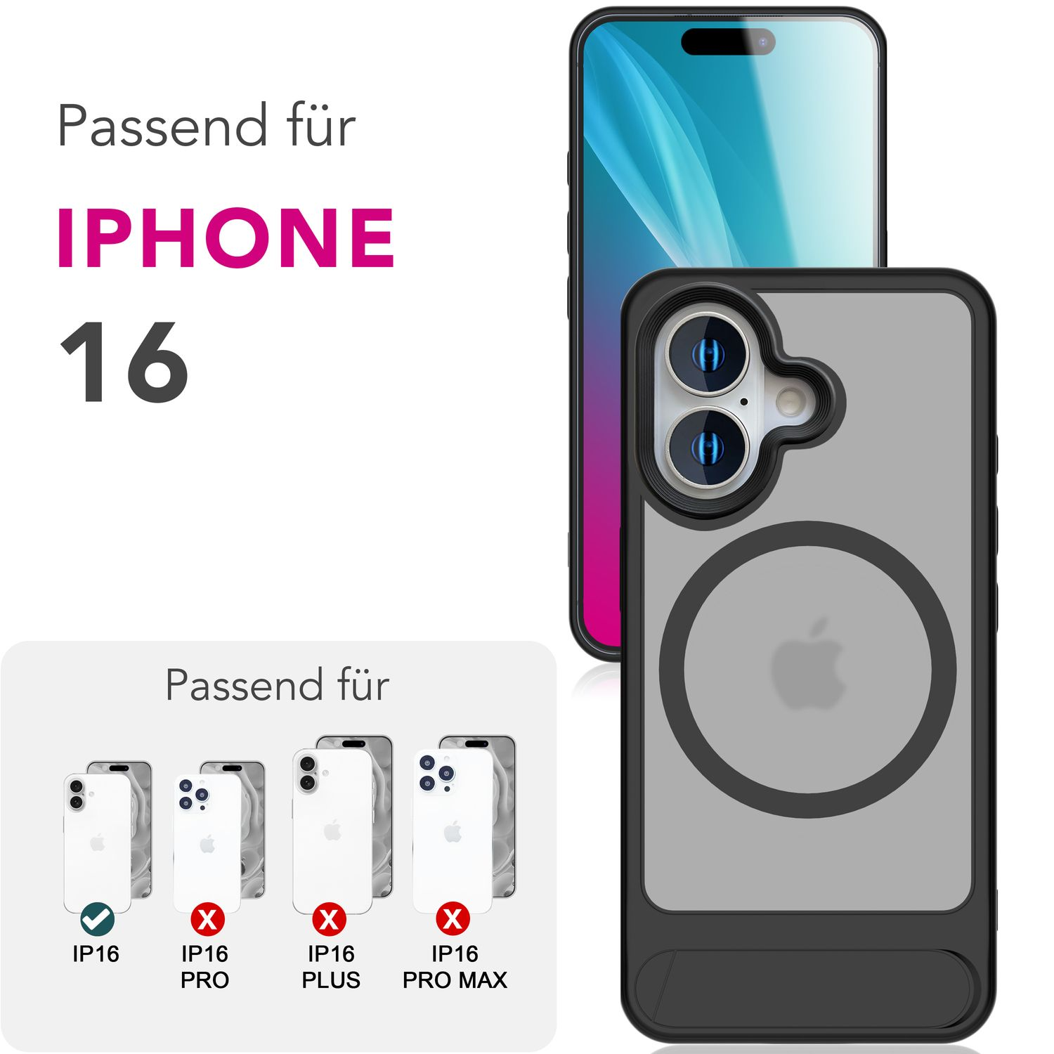 iPhone 16 und verschiedene Handyhüllen, Kompatibilität gezeigt.
