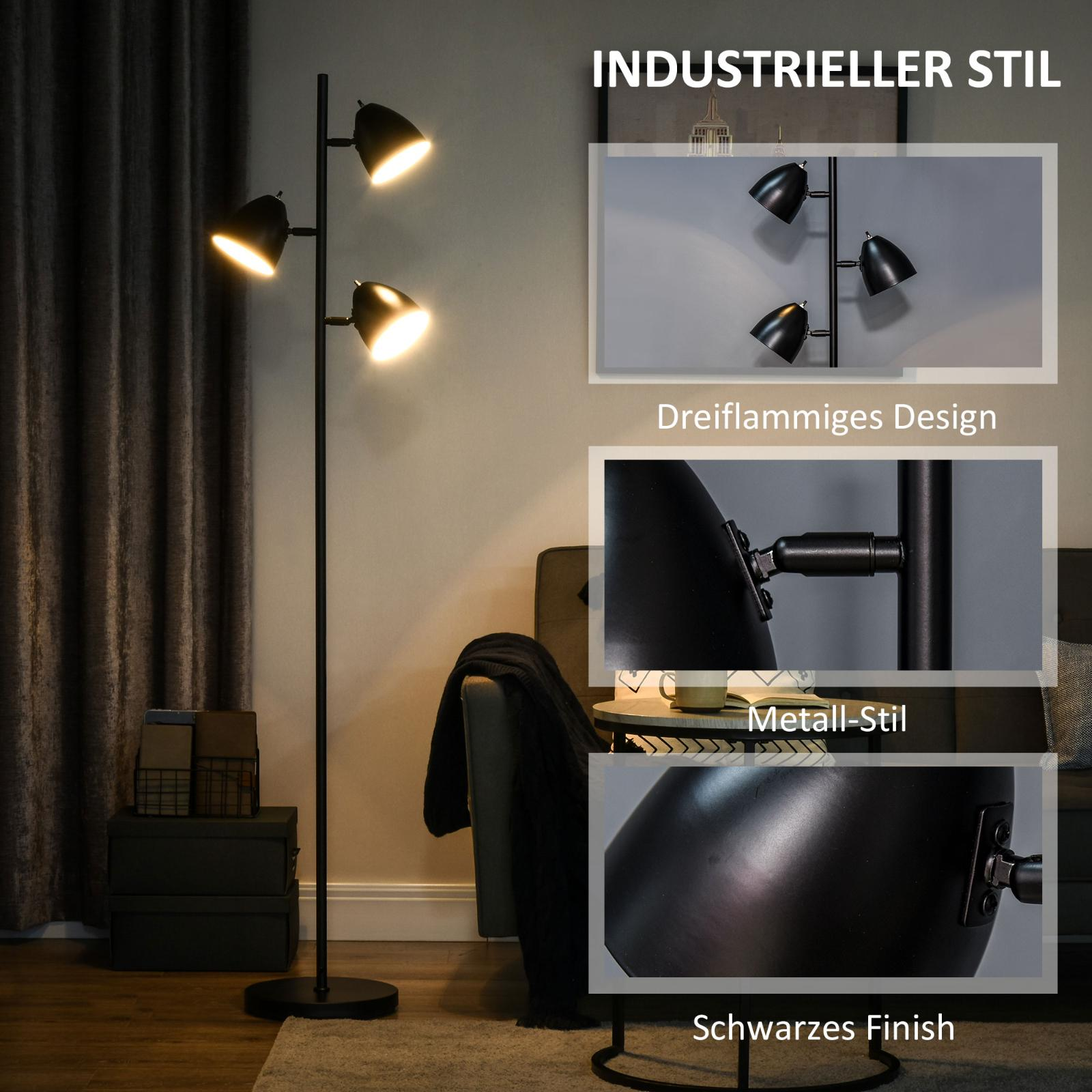 Schwarze Stehlampe mit drei Lichtern. Das Bild zeigt Details der Lampe und ihrer Eigenschaften.