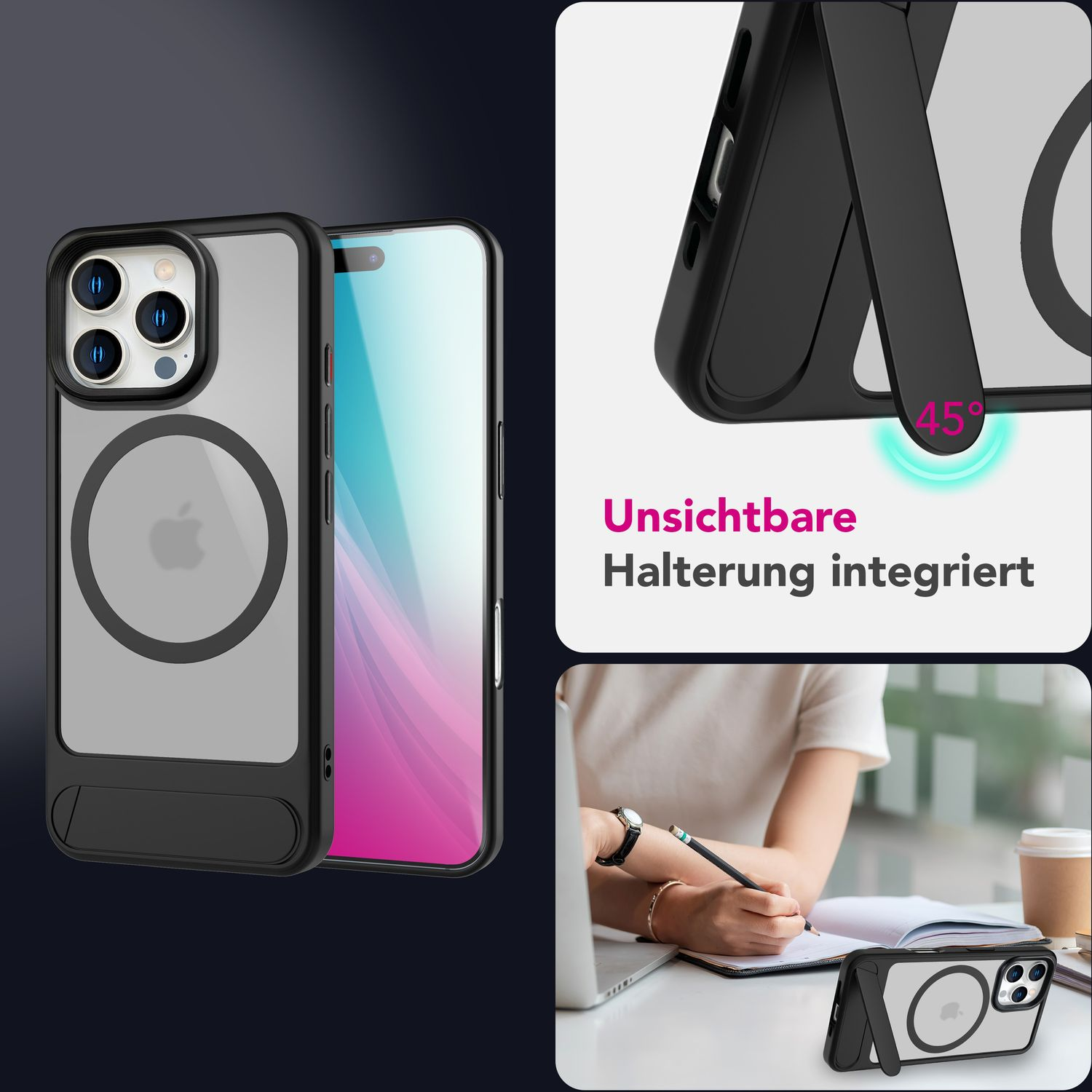 Custodia trasparente con paraurti nero. Ha un supporto integrato e un anello magnetico.