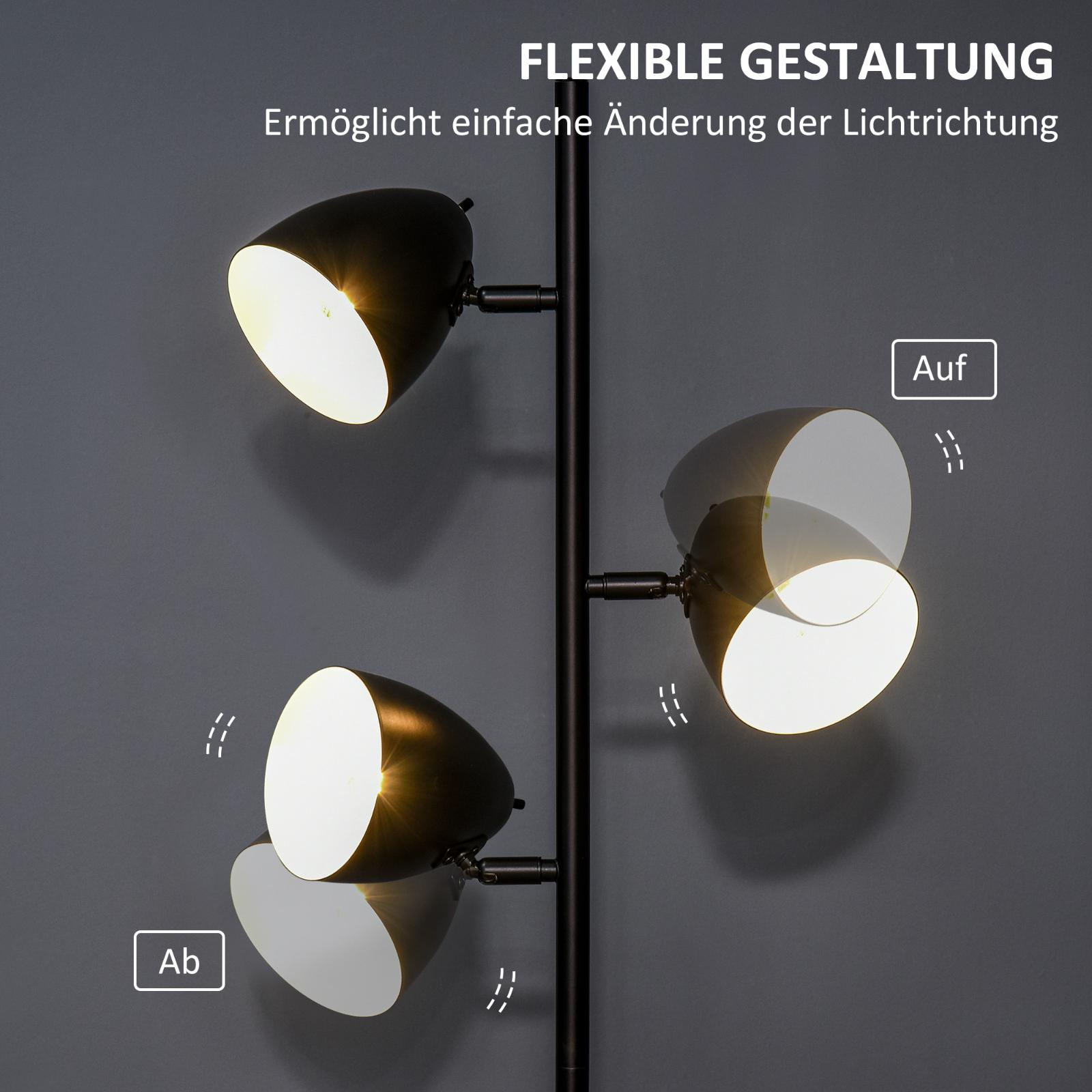 Eine Stehlampe mit einstellbaren Lichtrichtungen, mit drei Lichtquellen.