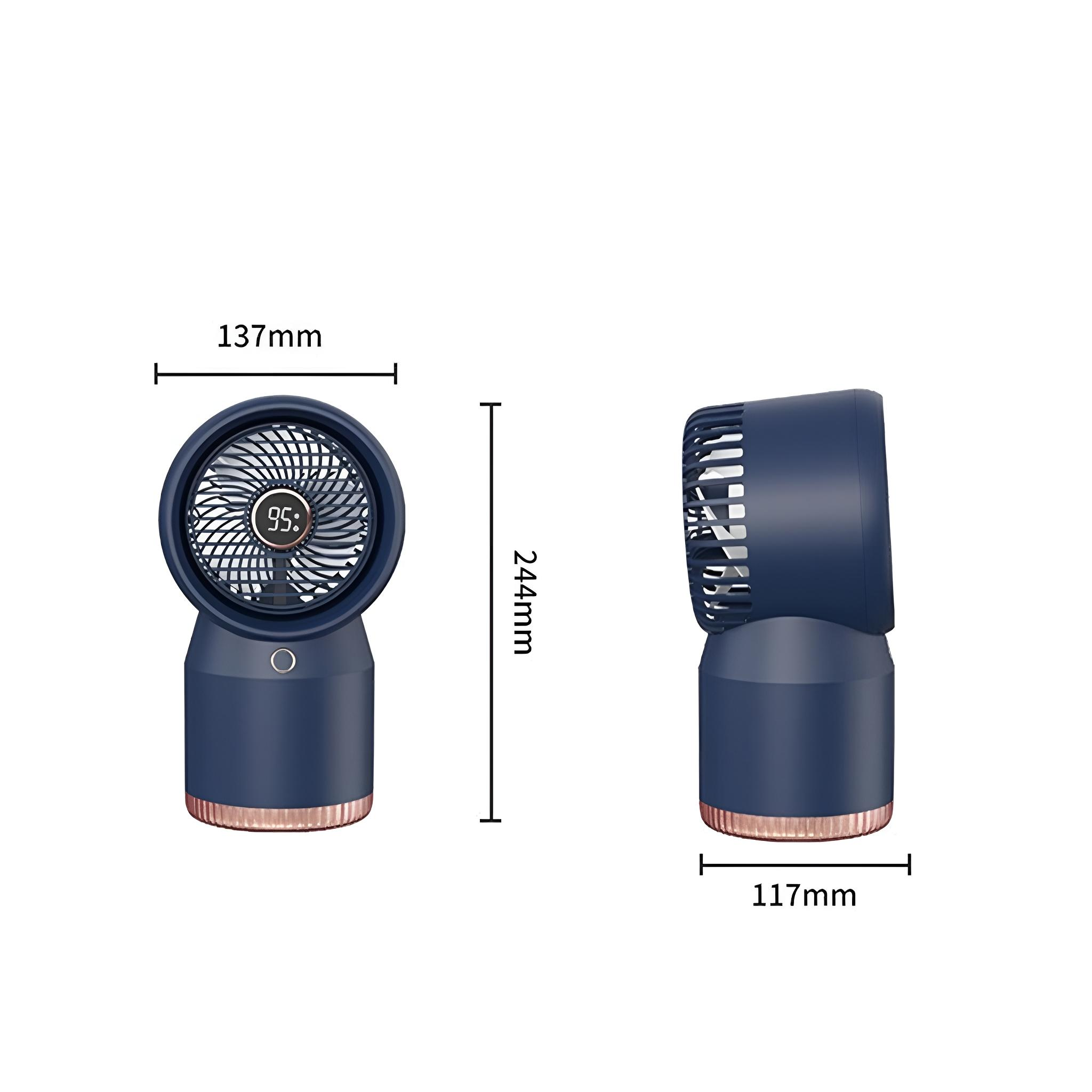 Blau-weißer tragbarer Ventilator mit digitaler Anzeige, die 95 anzeigt. Er hat einen roségoldenen Akzent.