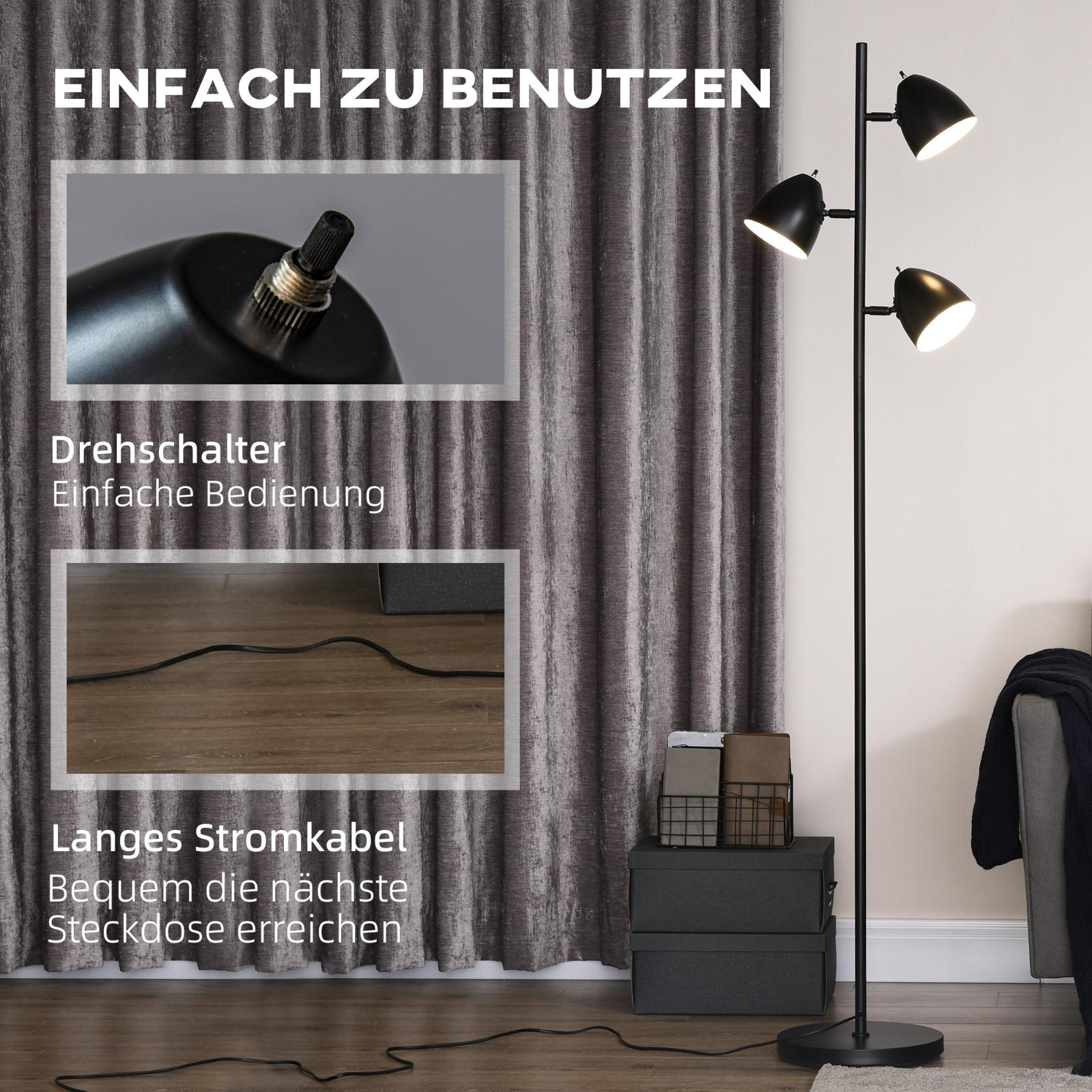 Stehlampe mit drei schwarzen Lichtern, Text über Benutzerfreundlichkeit, drinnen.
