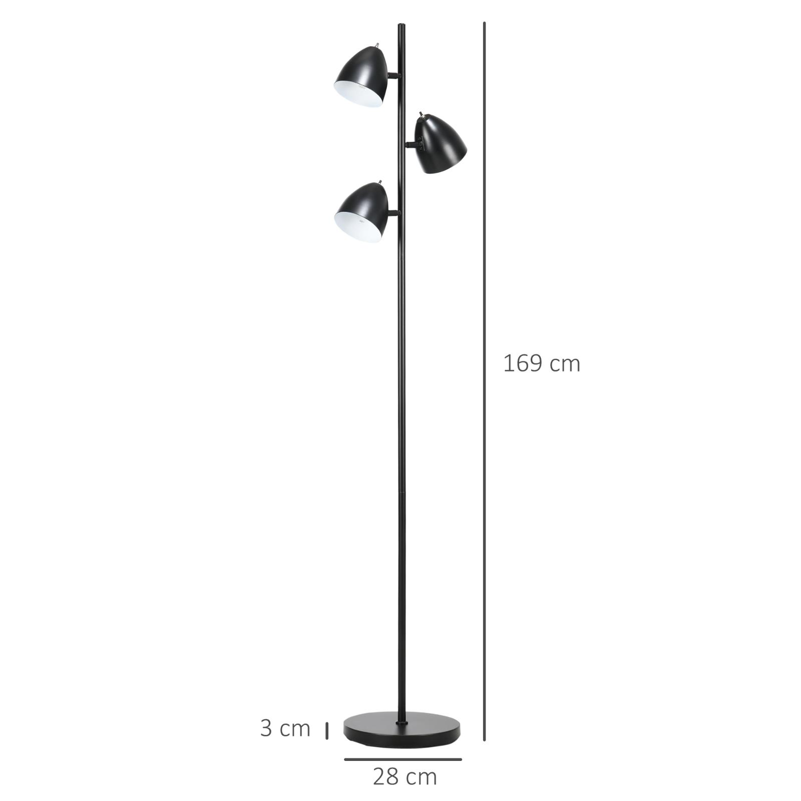 Eine hohe schwarze Lampe mit drei Lichtern, mit Abmessungen von Höhe und Sockel.