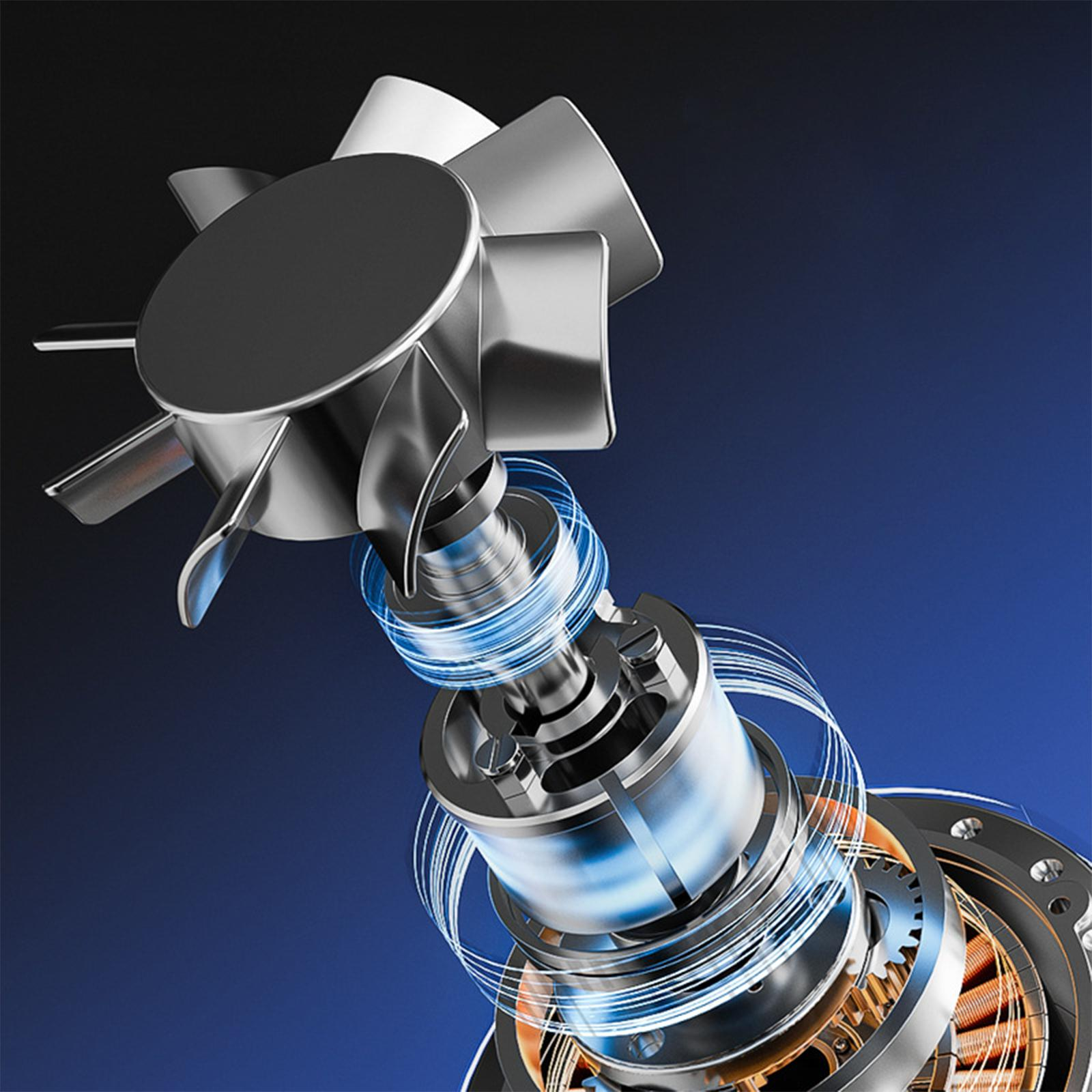 Interne Komponenten einer Maschine. Ein Lüfter, Zahnräder und andere mechanische Elemente sind sichtbar.