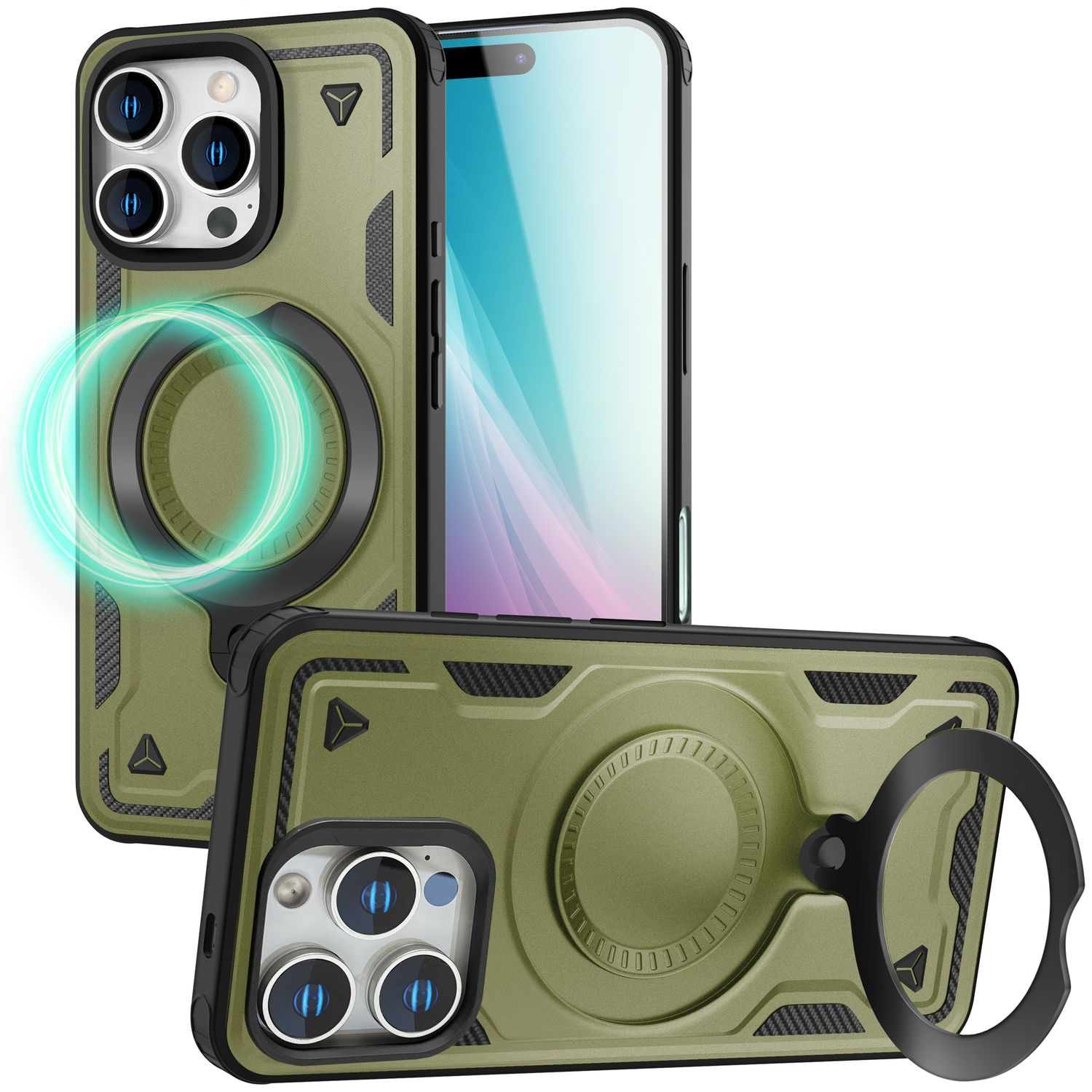 Grüne Handyhüllen in zwei verschiedenen Ansichten. Beide Hüllen haben einen schwarzen Ring und ein Telefon.