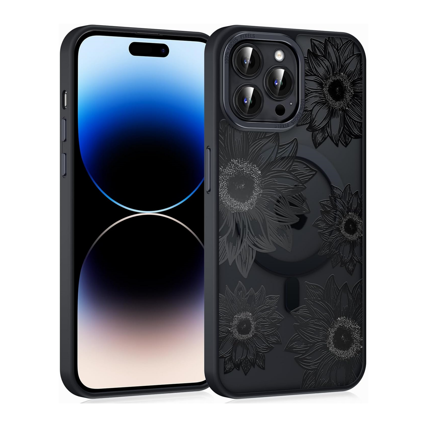 Schwarze Handyhülle mit Sonnenblumenmuster auf einem Handy. Die Hülle befindet sich neben dem Telefon.