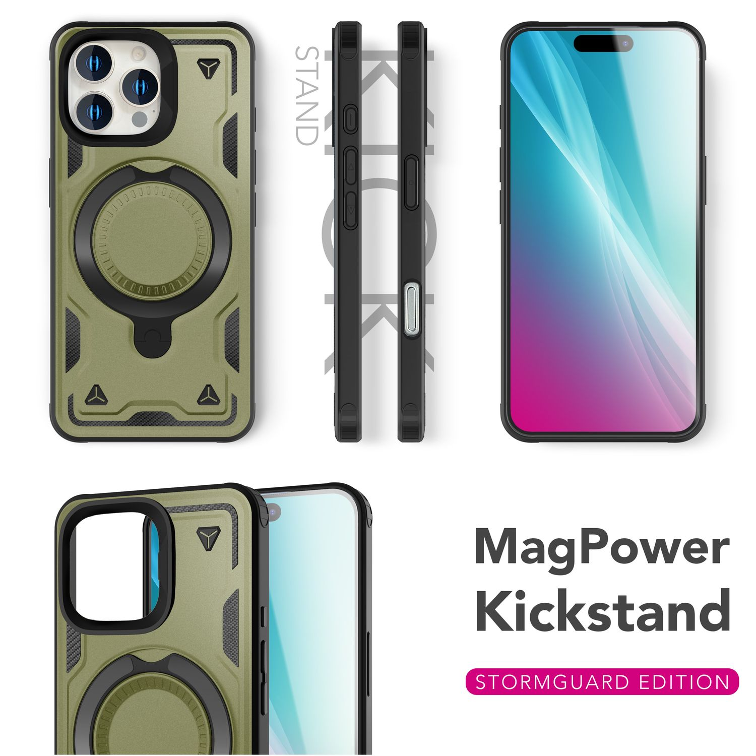 Grüne Handyhülle mit MagSafe, einem Ringständer und einem Telefon.