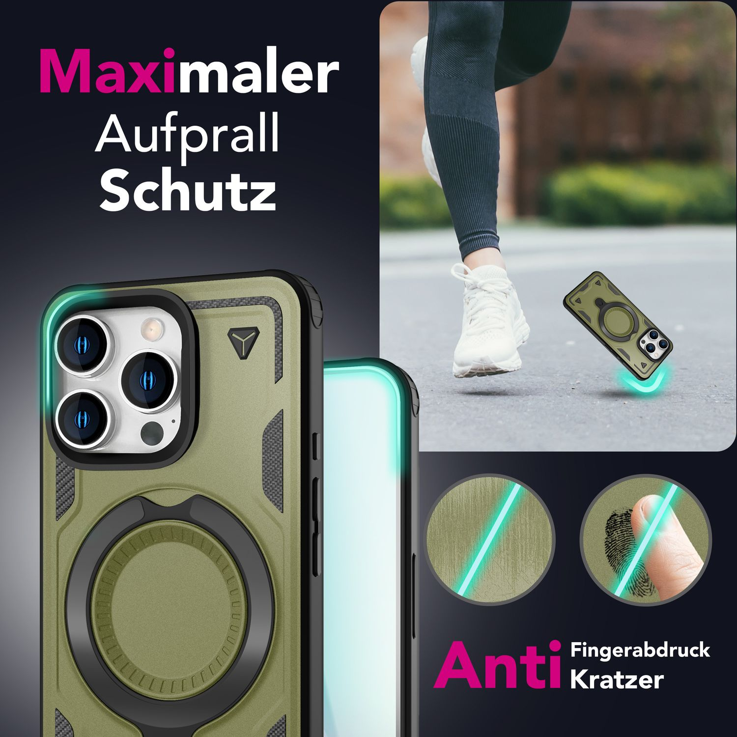 Grüne Handyhülle auf einem Telefon und eine Person, die rennt. Text sagt 'Maximaler Aufprall Schutz'.