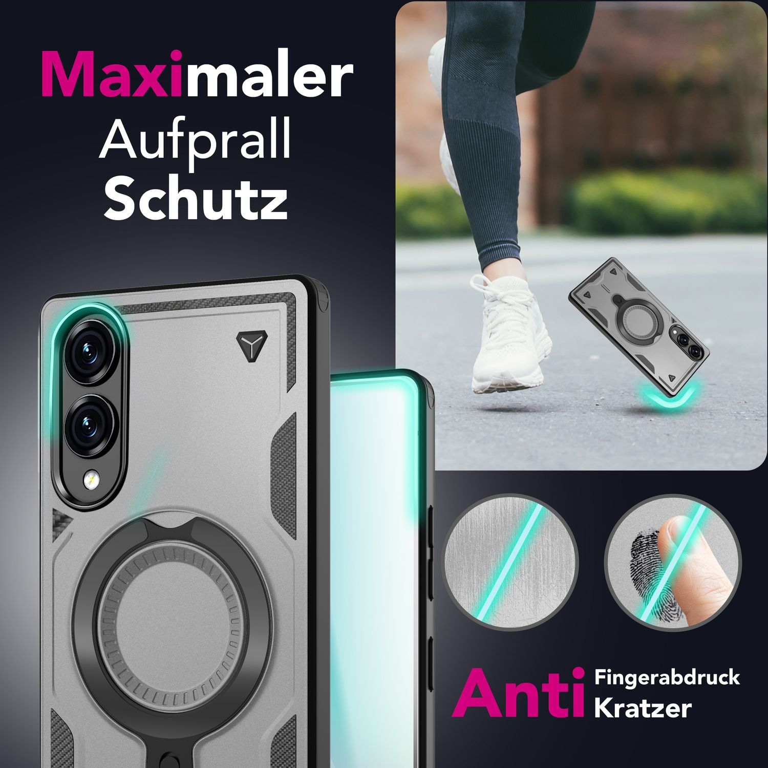 Graue Handyhülle mit Ringhalterung. Text: Maximaler Aufprallschutz, Anti-Kratzer.