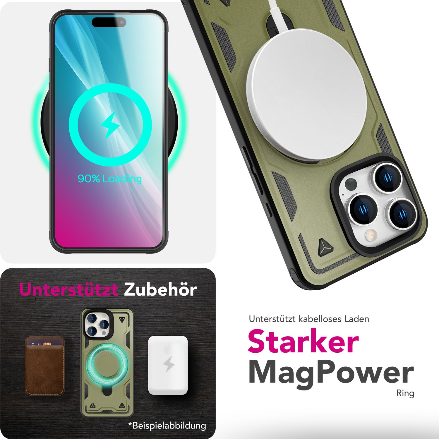 Handyhülle mit MagSafe. Bild kabelloses Laden. Text: Zubehör unterstützen. Starker MagPower Ring.