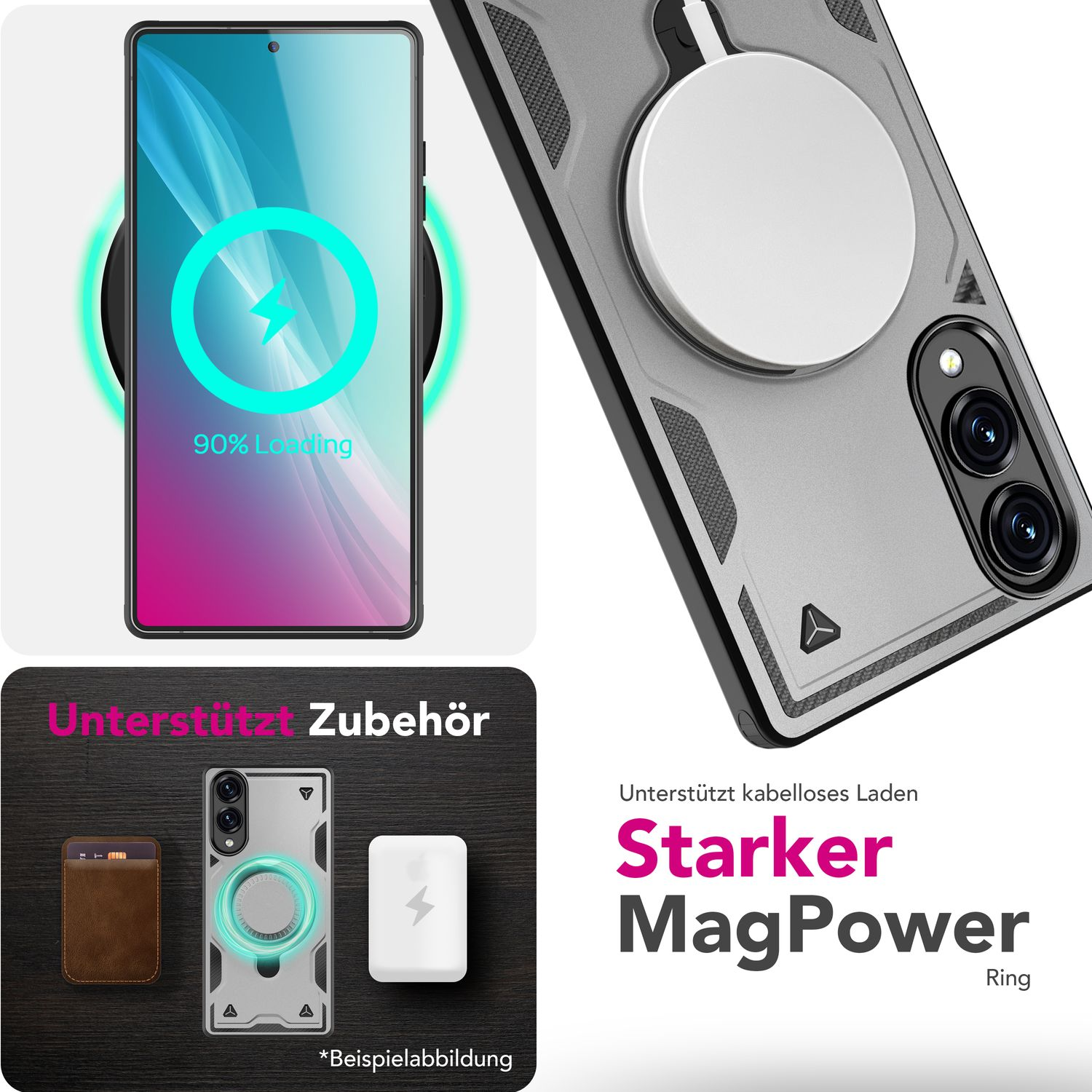 Handyhülle mit MagSafe. Bild kabelloses Laden. Text: Zubehör unterstützen. Starker MagPower Ring.