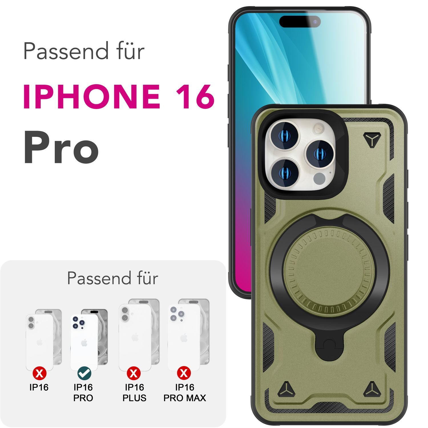 Grüne Handyhülle, mit dem Telefon auf der rechten Seite. Text sagt 'IPHONE 16 Pro' und zeigt andere Modelle.