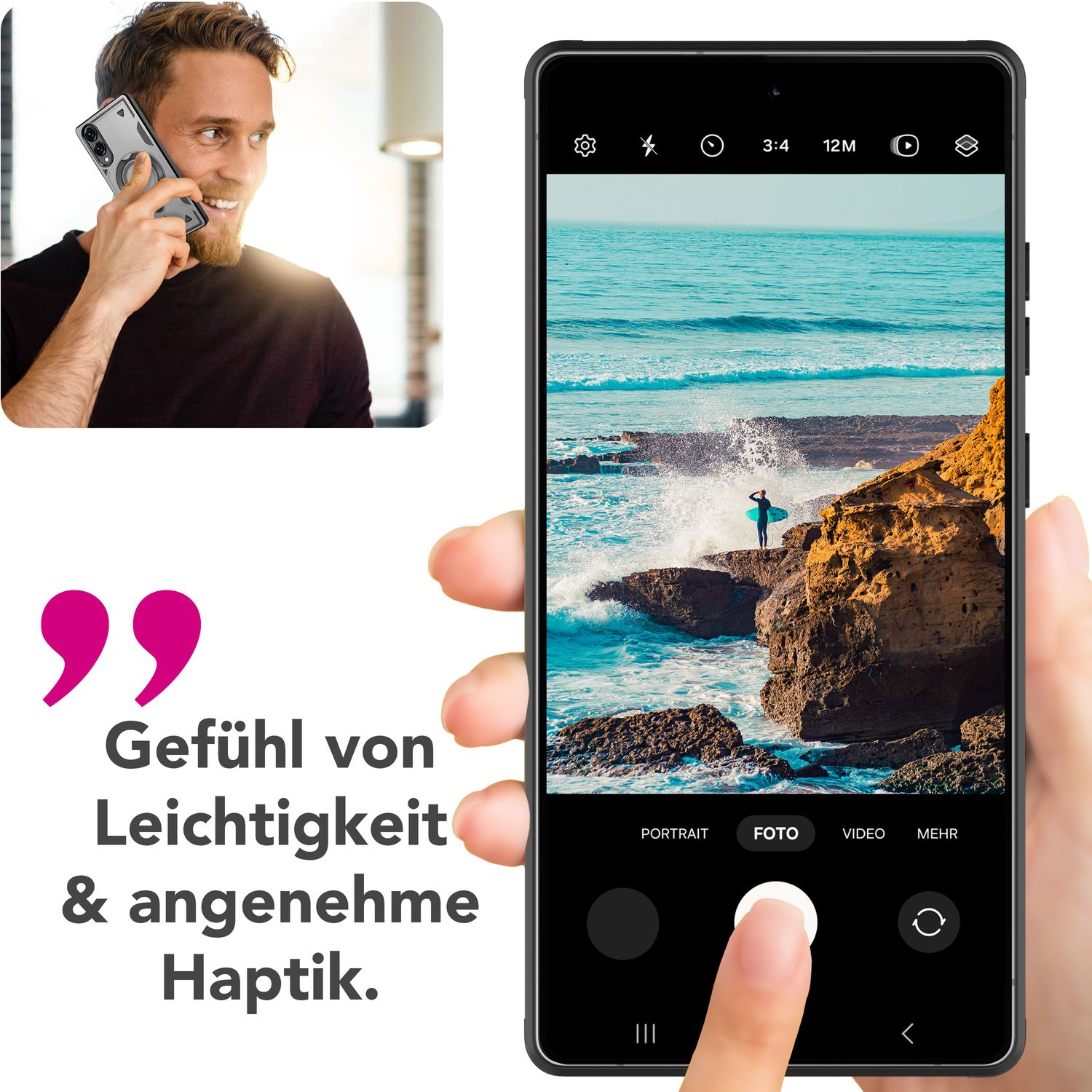 Mann am Telefon, Smartphone haltend, Foto auf dem Bildschirm eines Surfers am Strand.
