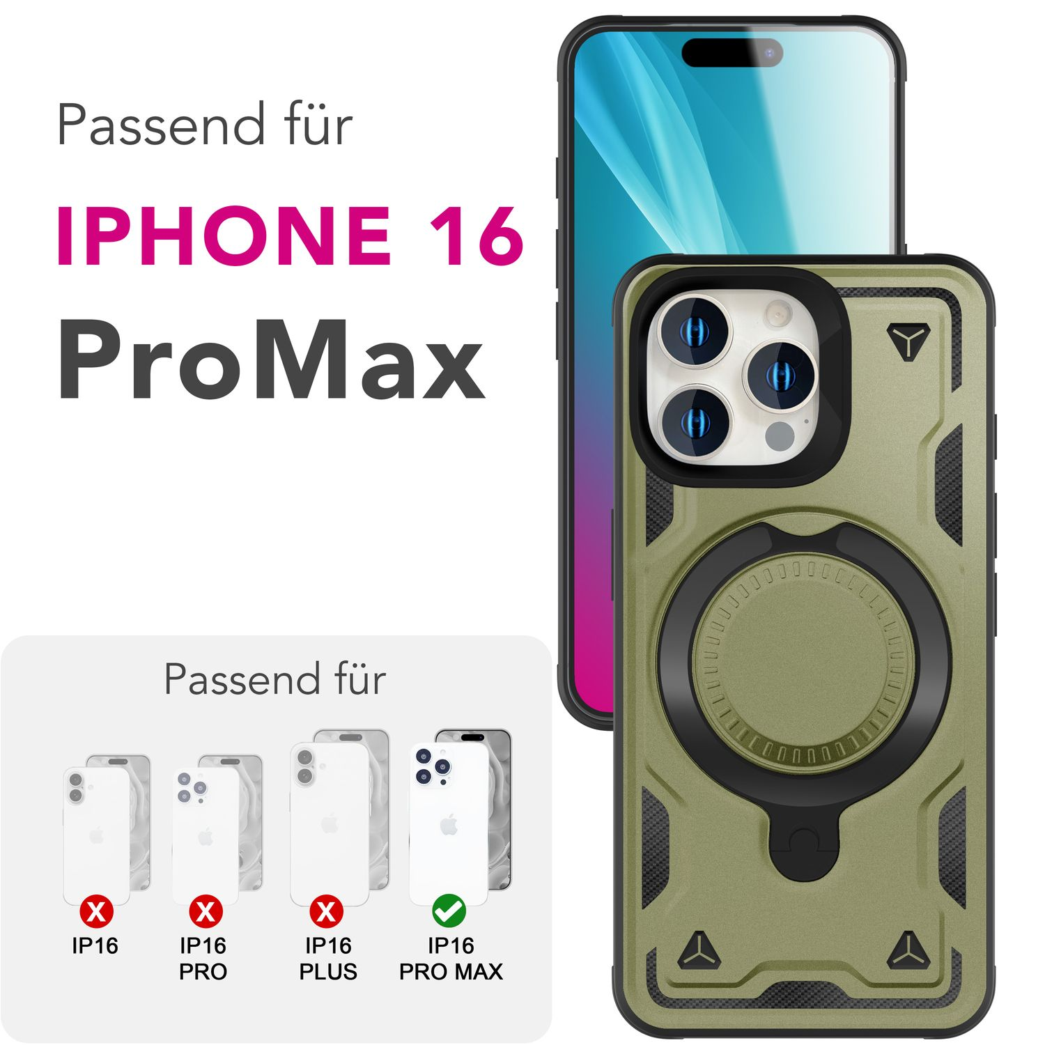 Grüne Handyhülle mit silbernem und schwarzem Design. Kompatible Telefonmodelle sind aufgelistet.