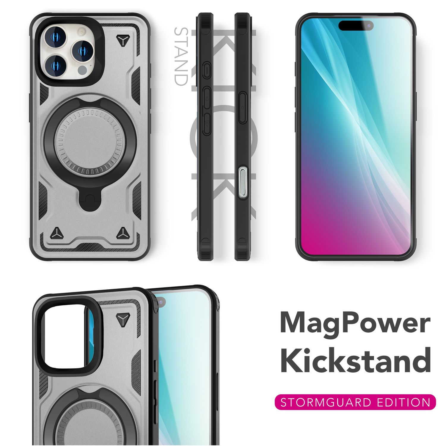 MagPower Kickstand Handyhülle. Aus mehreren Blickwinkeln gezeigt. Weißer Hintergrund.